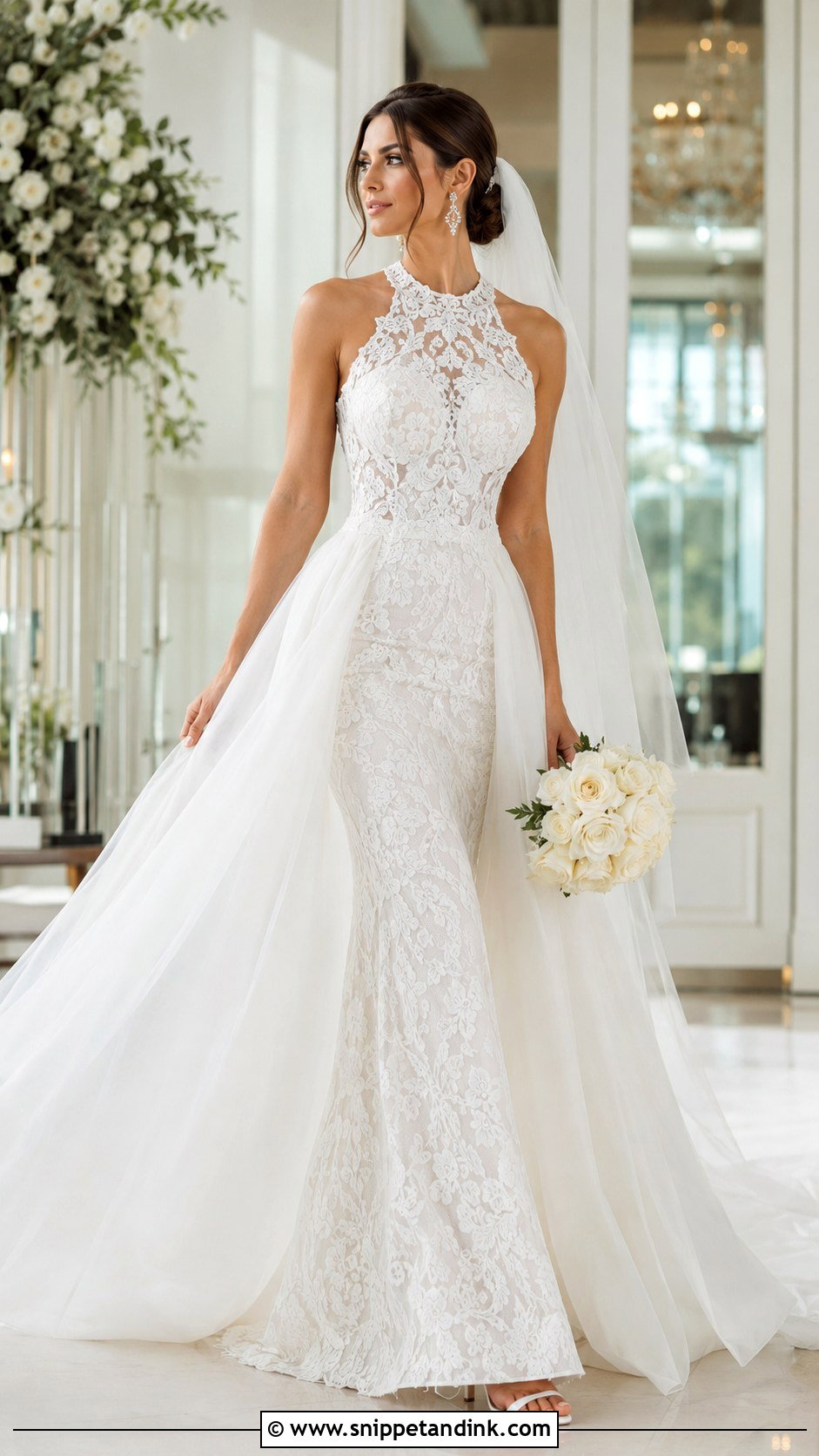 Lace Halter Wedding Dress With Detachable Skirt - Snippet and Ink - 20 Halter Neck Lace Wedding Dress Ideas