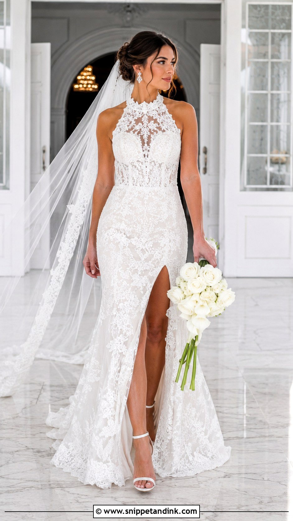 Lace Halter Wedding Dress With Slit - Snippet and Ink - 20 Halter Neck Lace Wedding Dress Ideas
