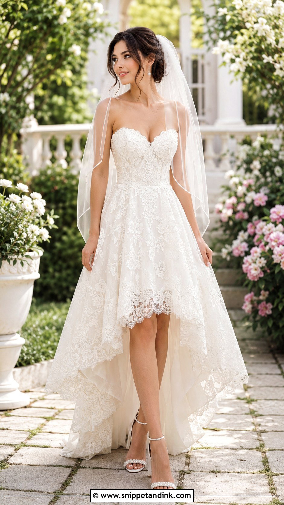Lace Hi Low Wedding Dress With Pearl Heels - Snippet and Ink - 20 Hi Low Wedding Dress Ideas