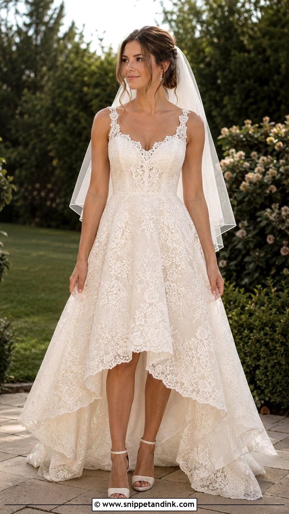 Lace High Low Wedding Dress With Block Heels - Snippet and Ink - 25 High Low Wedding Dress Ideas