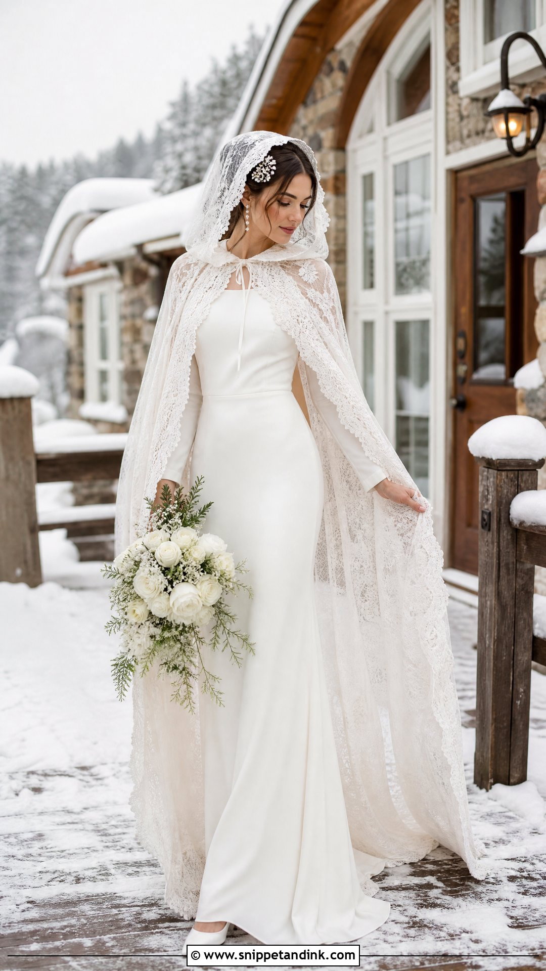 Lace Hooded Bridal Cape With Long Sleeve Wedding Dress - Snippet and Ink - 20 Winter Bridal Cape Ideas