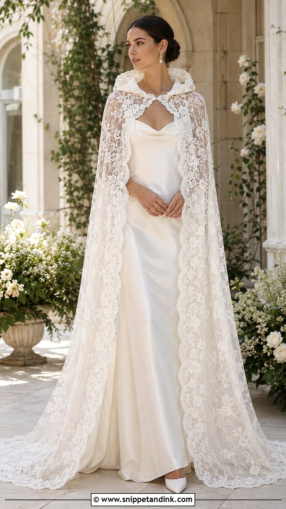 Lace Hooded Wedding Cape With Satin Slip Dress - Snippet and Ink - 20 Wedding Cape with Hood Ideas