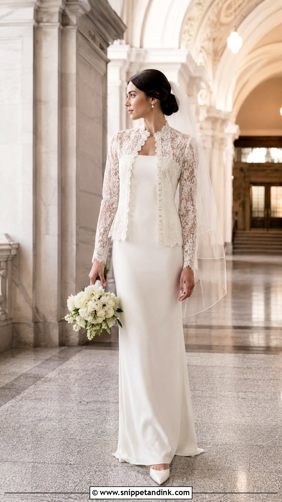 Lace Jacket Column Wedding Dress - Snippet and Ink - 20 Unique Vintage Elegant Wedding Dresses