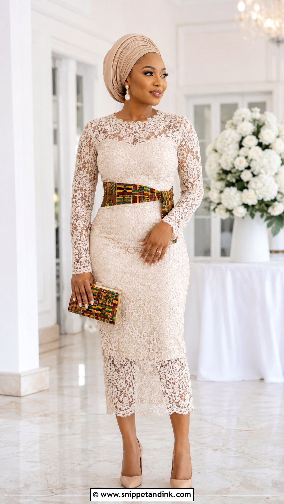 Lace Lobola Dress With Traditional Fabric Belt - Snippet and Ink - 30 Lobola Dresses for Bride