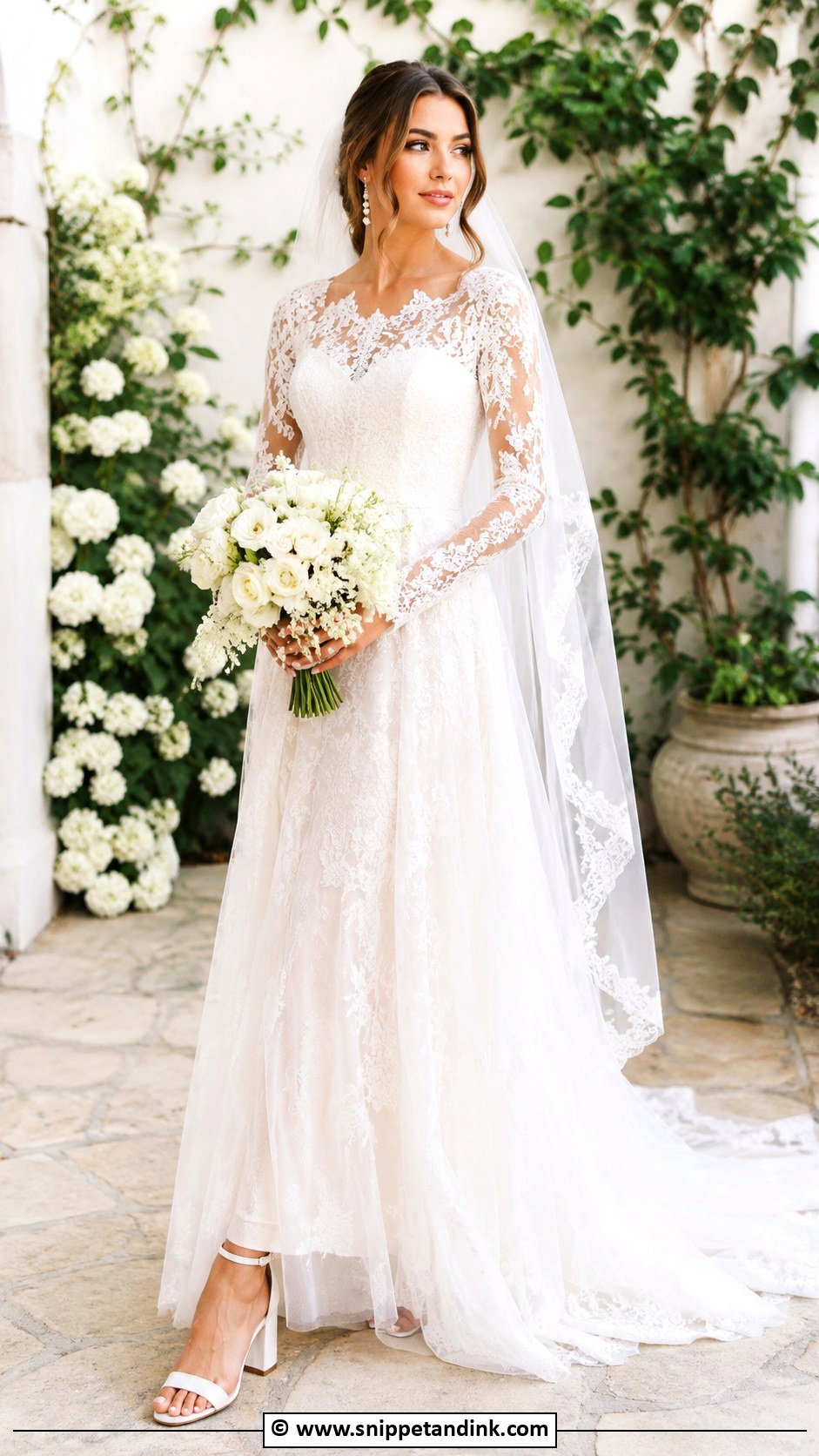 Lace Long Sleeve Bride Gown With Low Bun - Snippet and Ink - 25 Bride Gowns
