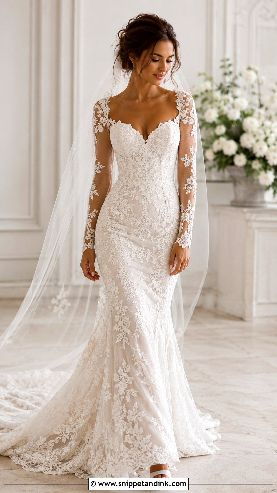 Lace Mermaid Bridal Dress With Long Sleeves - Snippet and Ink - 25 Mermaid Bridal Dress Ideas