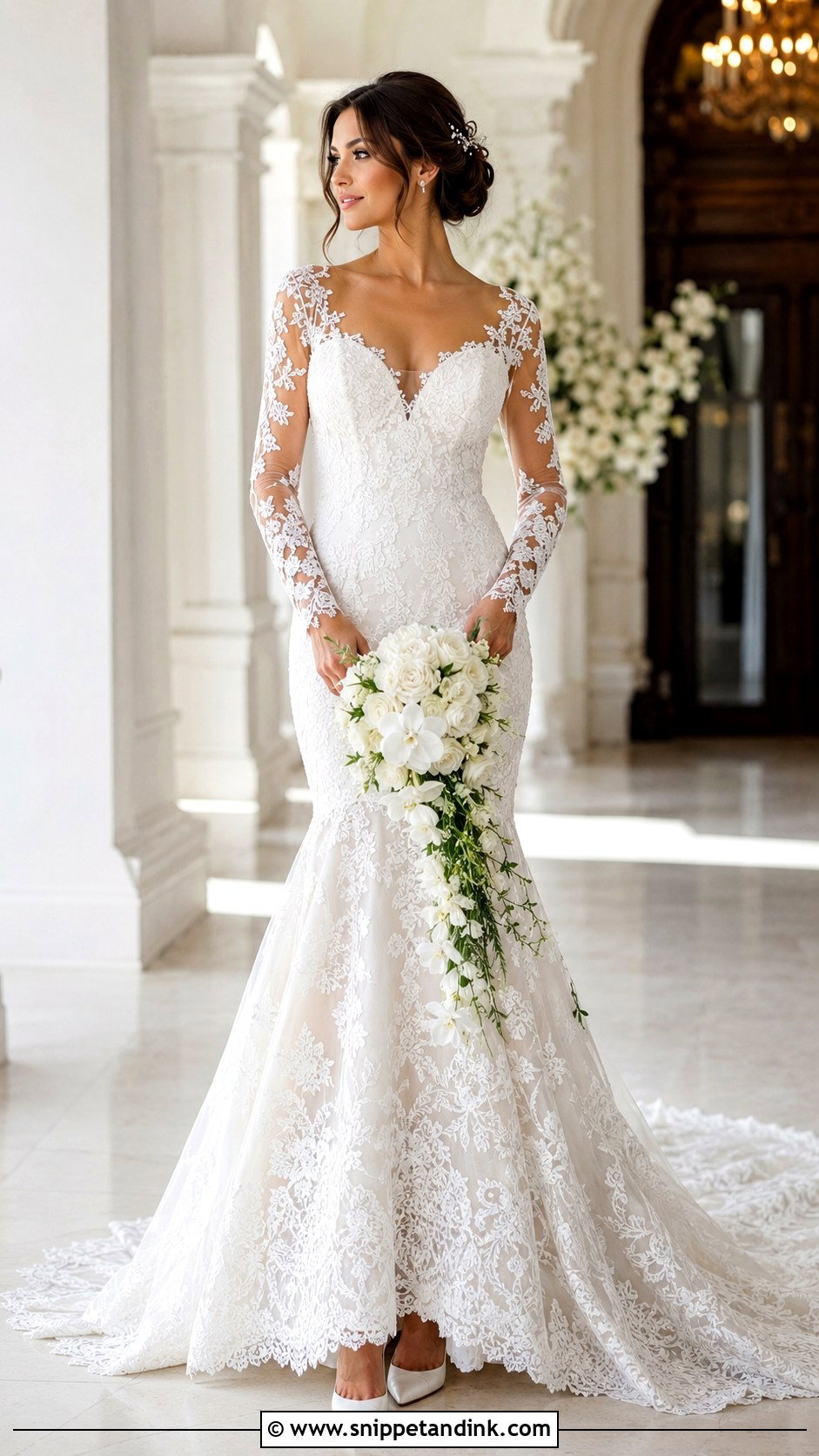 Lace Mermaid Drop Waist Wedding Dress With Illusion Sleeves - Snippet and Ink - 20 Drop Waist Wedding Dress with Sleeves
