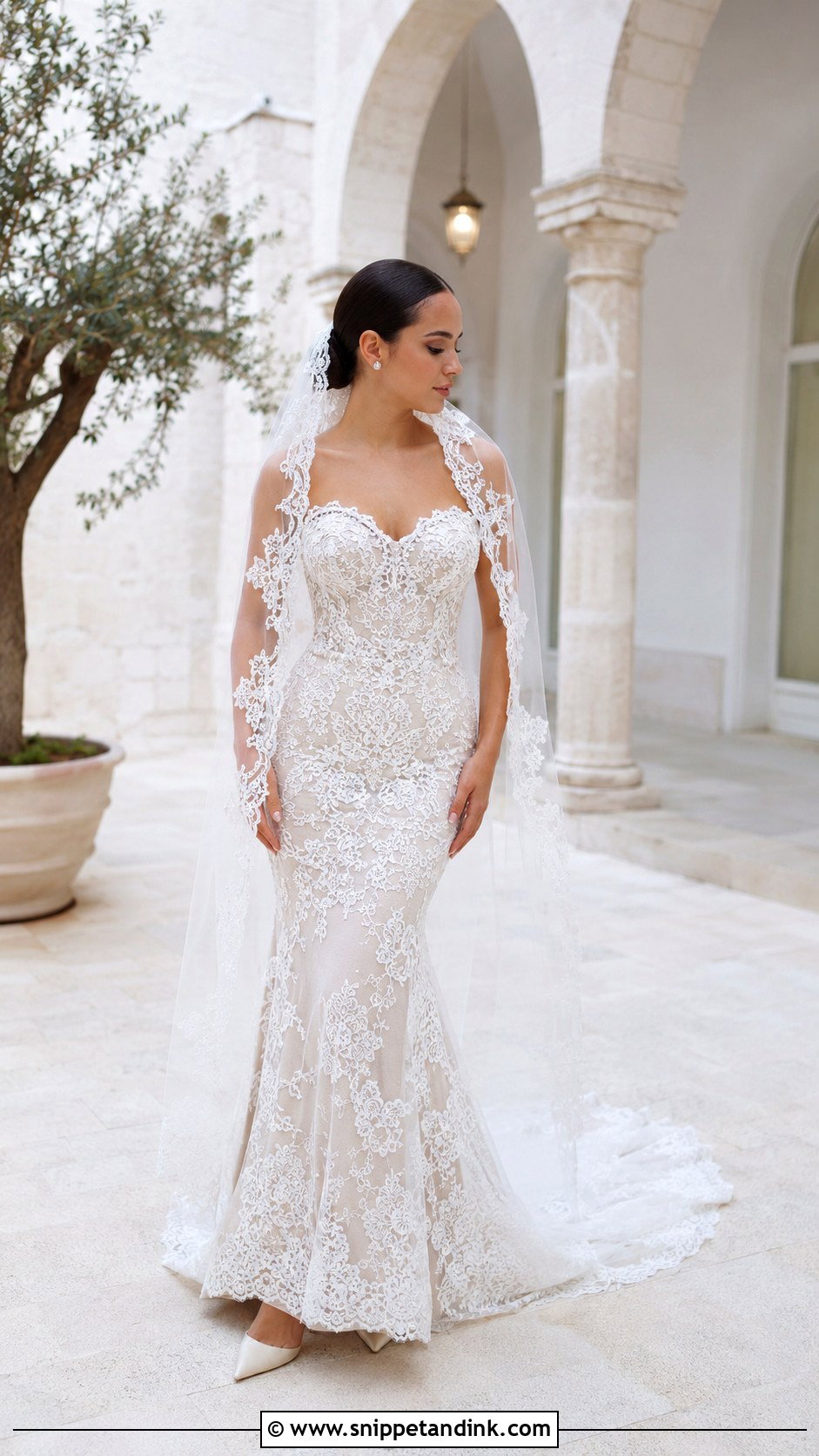 Lace Mermaid Gown with Mantilla Veil - Snippet and Ink - 20 Gown with Veil Ideas