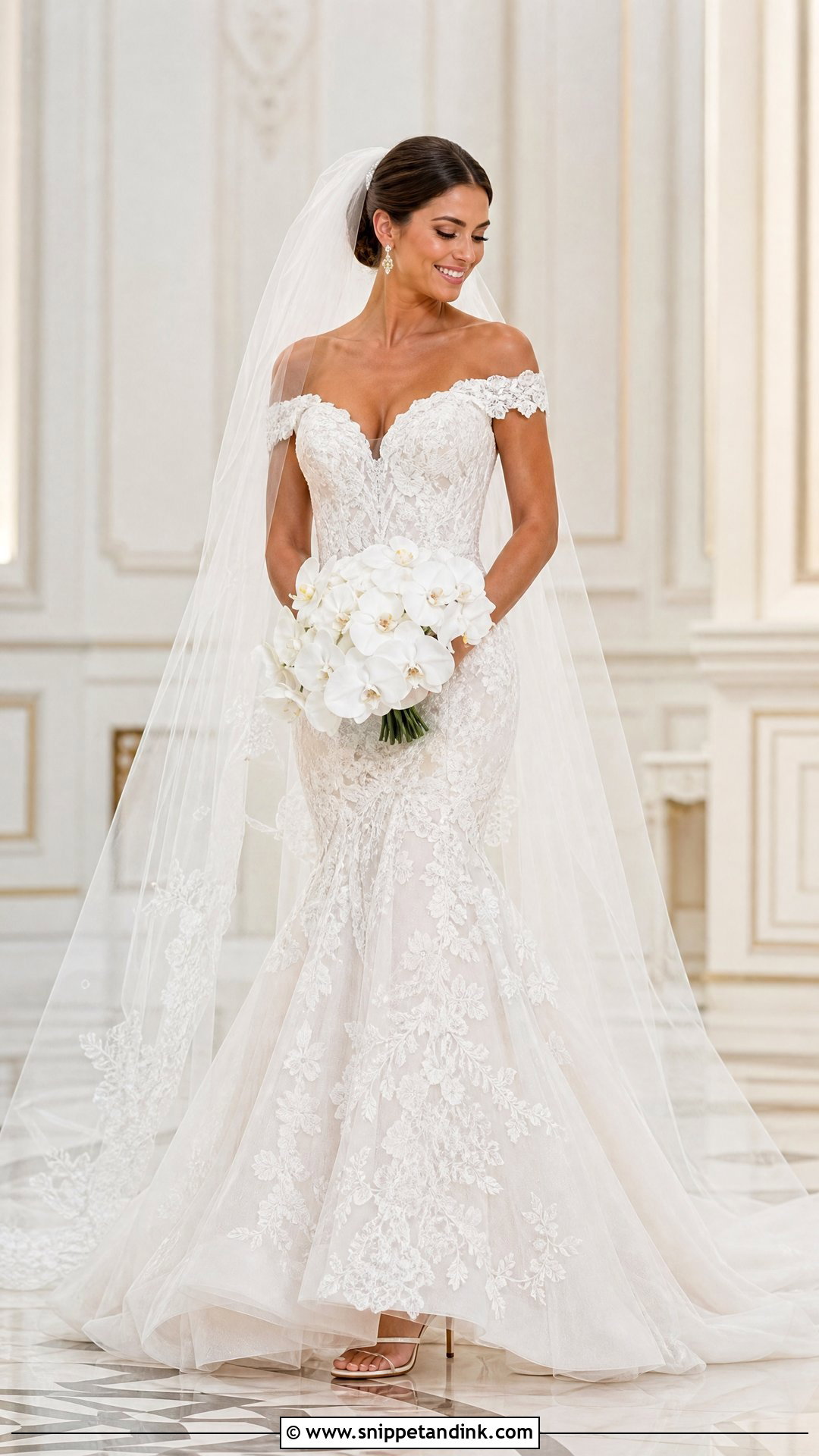 Lace Mermaid Over the Shoulder Wedding Dress - Snippet and Ink - 20 Over the Shoulder Wedding Dress Ideas