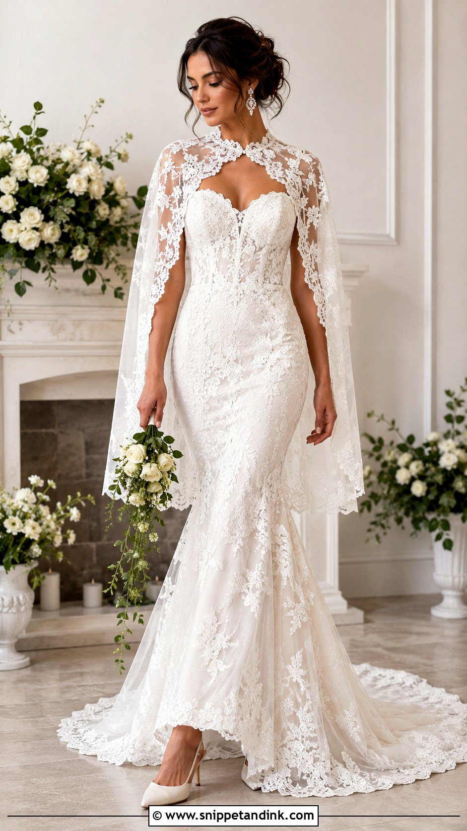 Lace Mermaid Wedding Dress With Detachable Lace Cape - Snippet and Ink - 20 Detachable Cape Wedding Dress Ideas