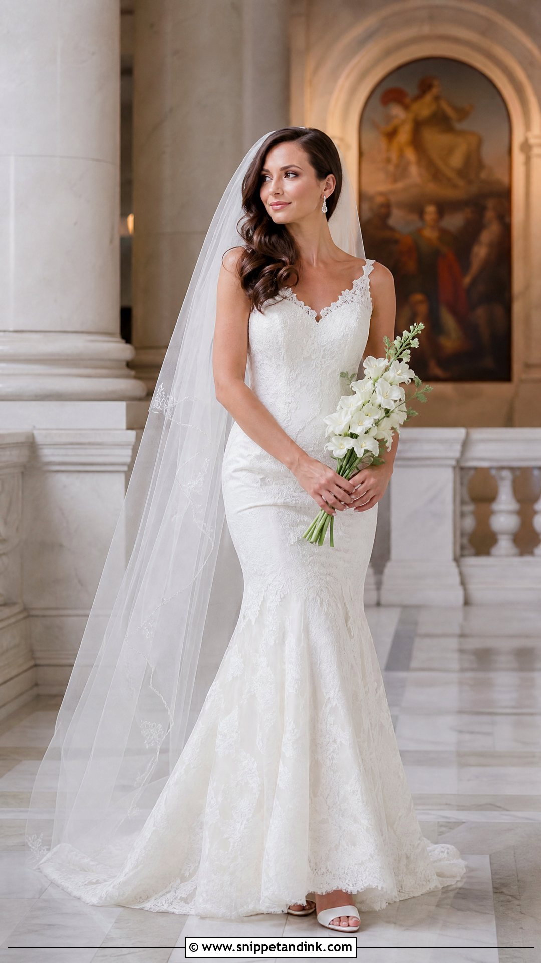 Lace Mermaid Wedding Dress With Fingertip Veil - Snippet and Ink - 20 Wedding Dress Combination Ideas