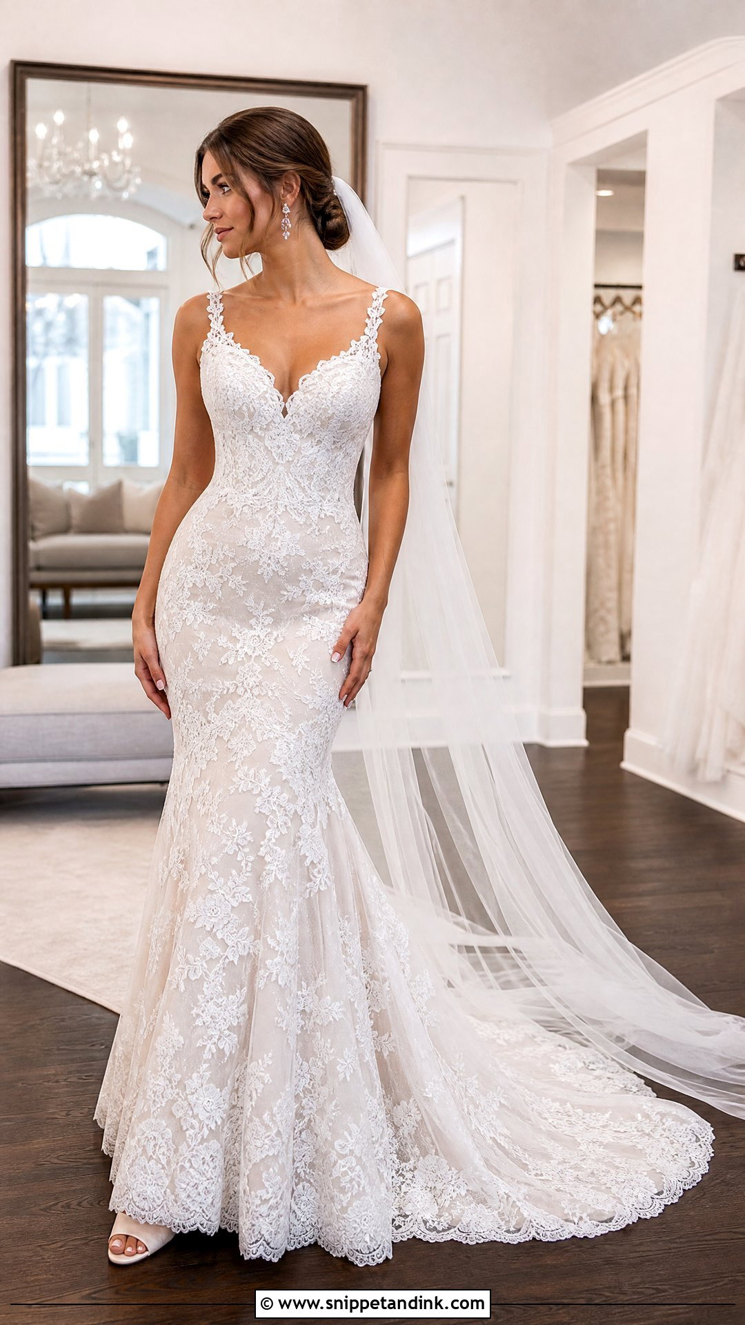 Lace Mermaid Wedding Dress With Long Veil - Snippet and Ink - 20 Trying on Wedding Dresses