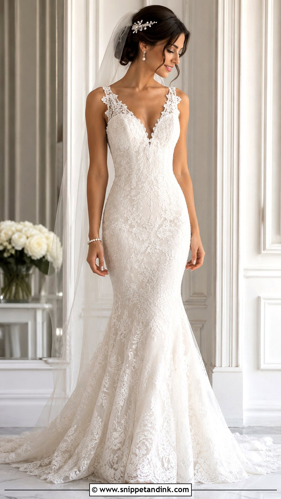 Lace Mermaid Wedding Dress With Pearl Accessories - Snippet and Ink - 30 Lace Mermaid Wedding Dress Ideas