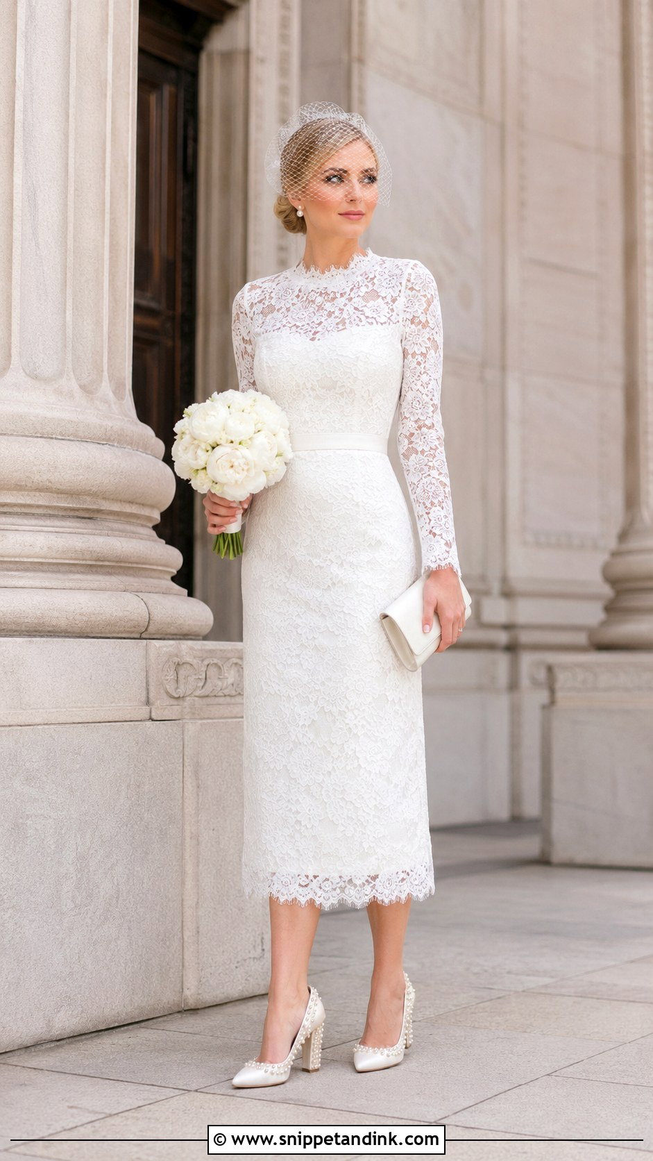 Lace Midi City Wedding Dress With Pearl Pumps - Snippet and Ink - 20 City Wedding Dress Ideas