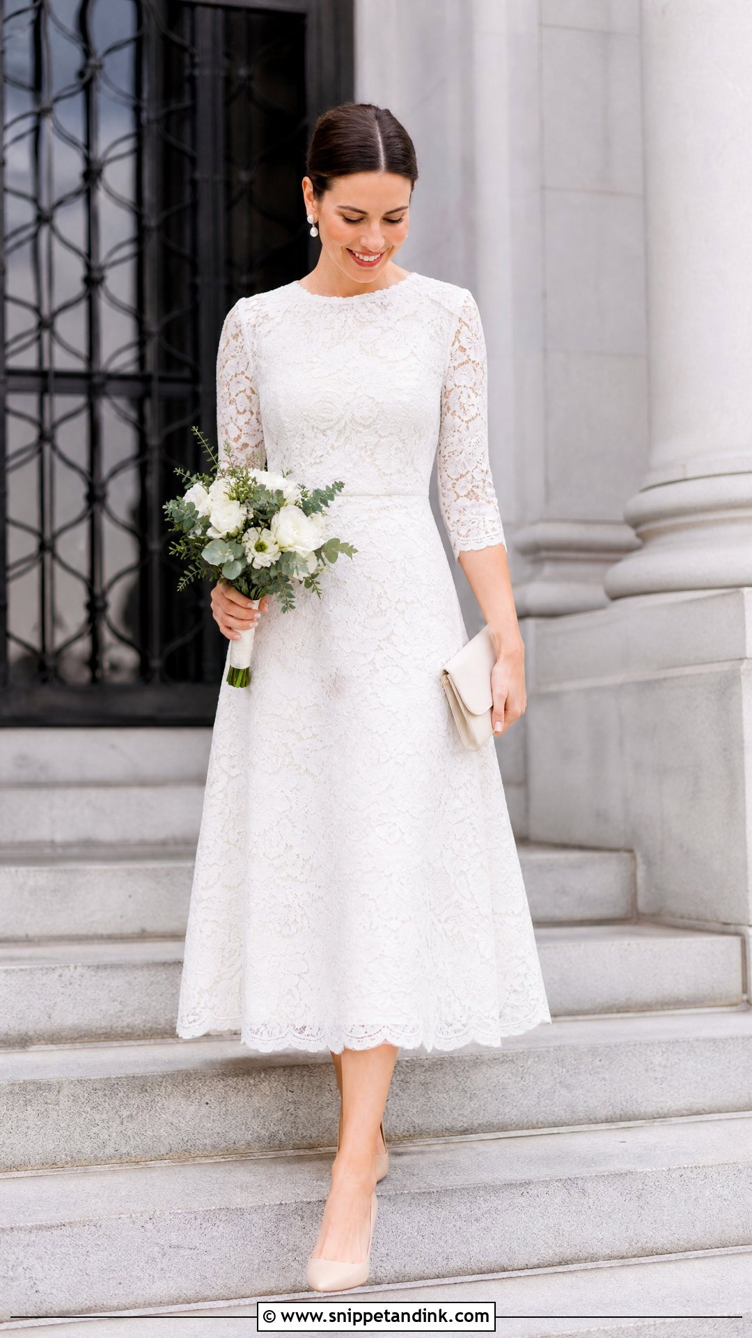 Lace Midi Courthouse Wedding Dress With Nude Pumps - Snippet and Ink - 20 Casual Courthouse Wedding Dress Ideas