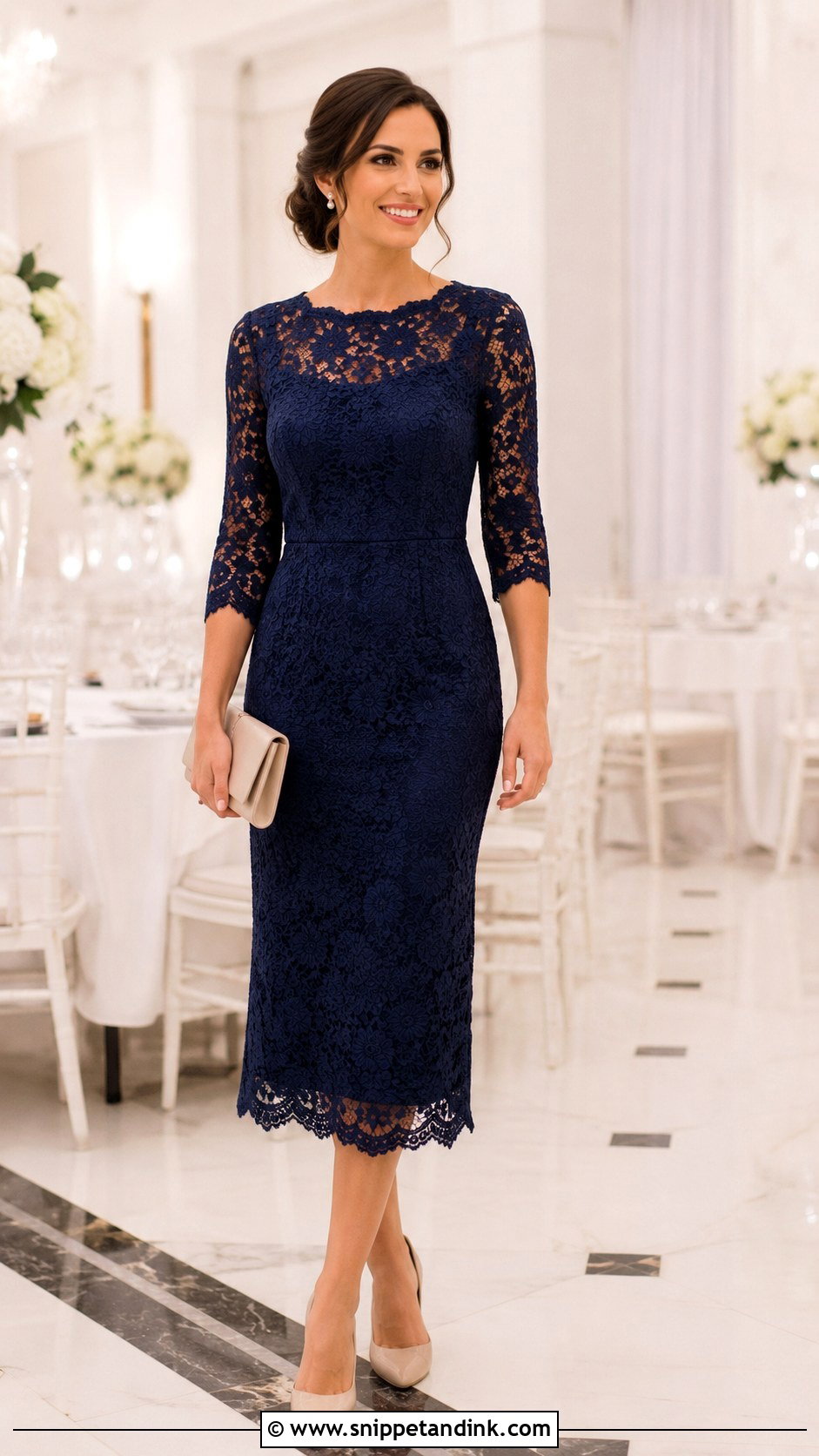 Lace Midi Dress Wedding Dinner Outfit - Snippet and Ink - 25 Wedding Dinner Outfit Ideas