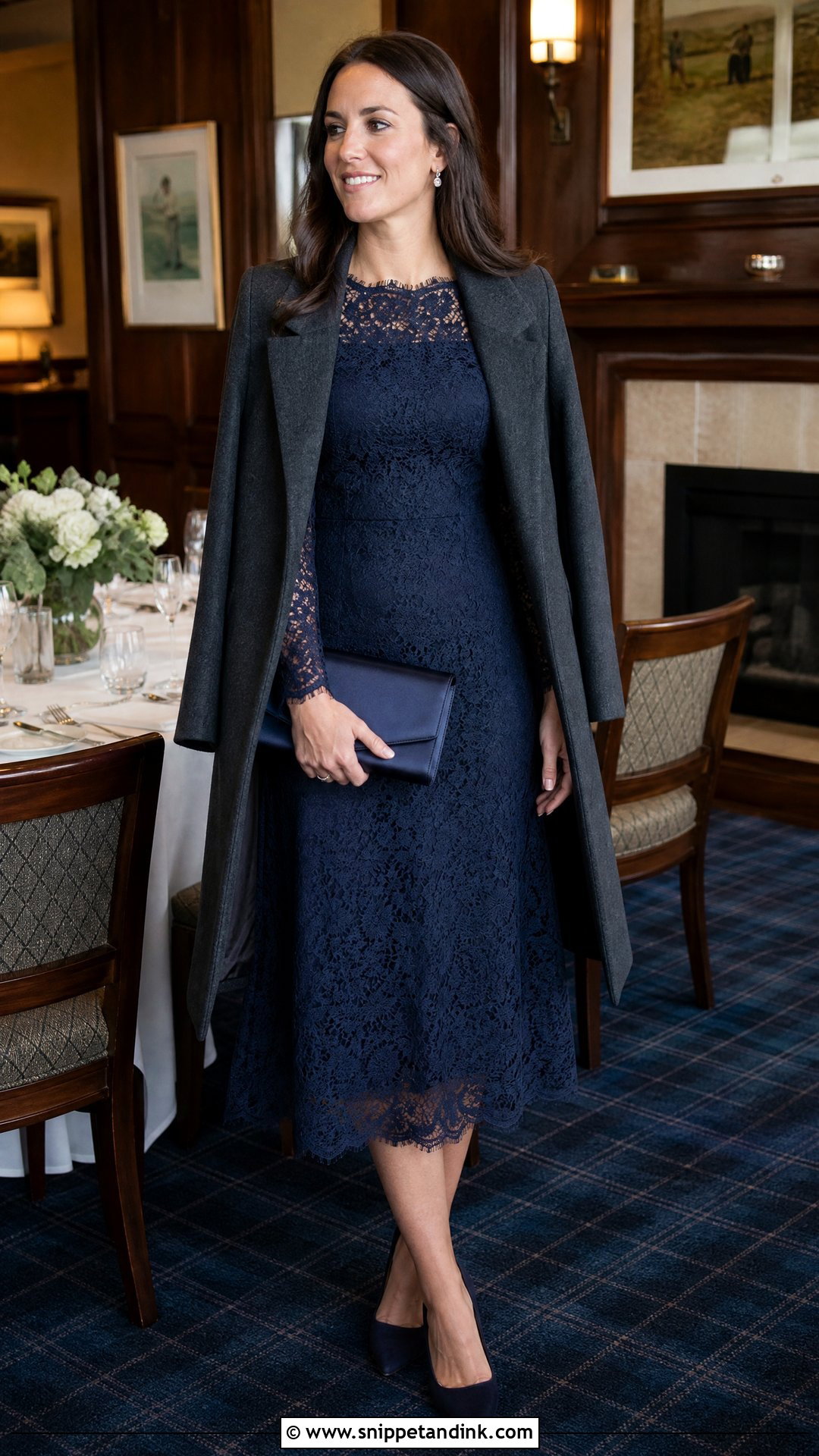 Lace Midi Dress Winter Rehearsal Dinner Outfit - Snippet and Ink - 25 Winter Rehearsal Dinner Outfit Ideas