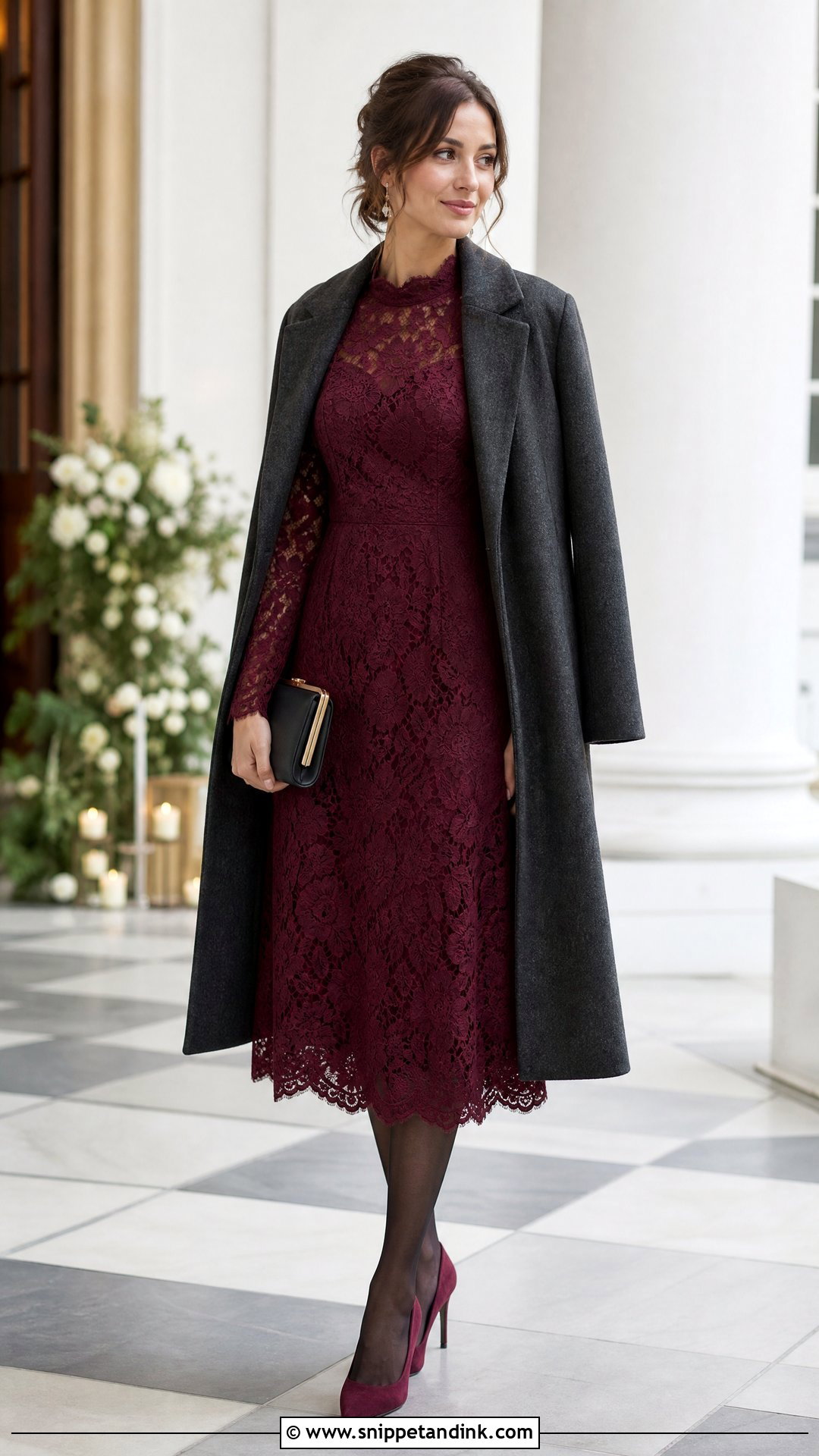 Lace Midi Dress Winter Wedding Outfit - Snippet and Ink - 20 What to Wear to a Wedding in Winter Ideas