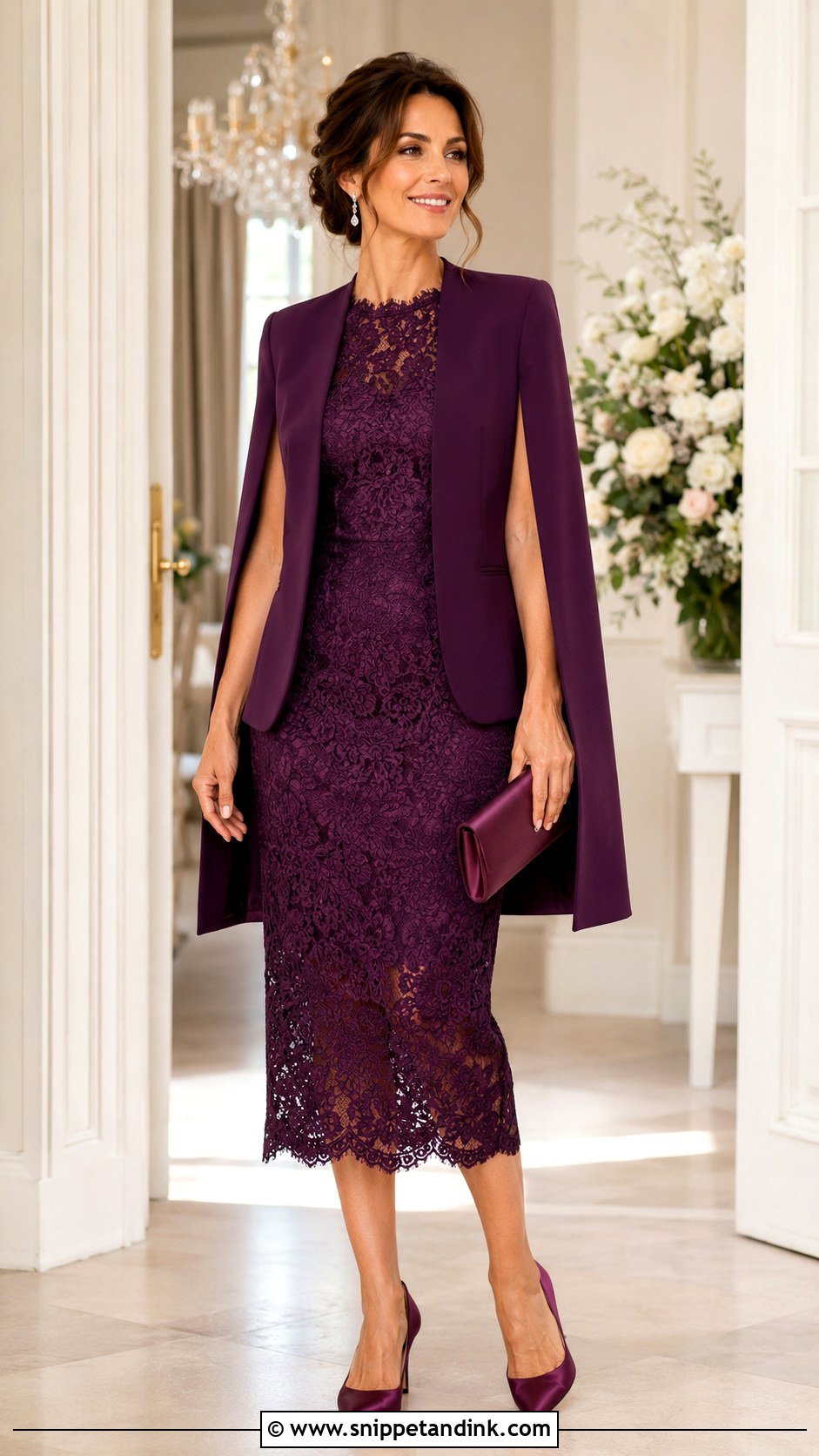 Lace Midi Dress and Cape Blazer Wedding Outfit - Snippet and Ink - 20 Dress and Blazer Outfit Wedding Ideas
