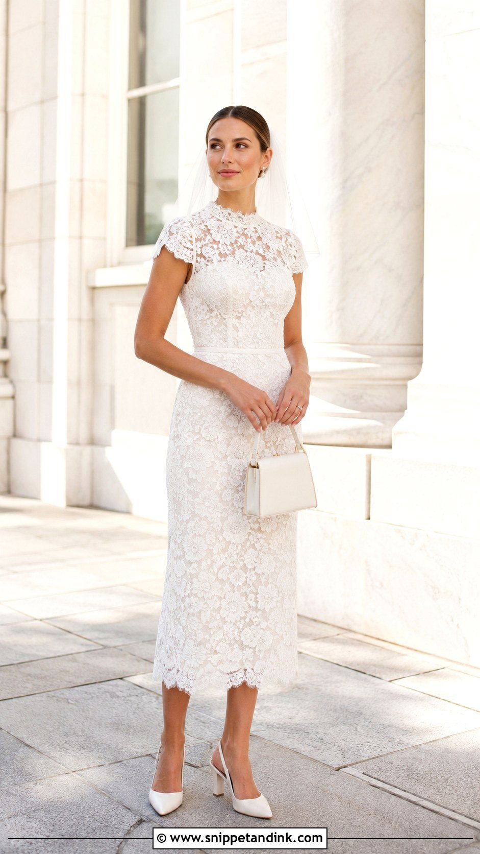 Lace Midi Wedding Dress With Block Heels - Snippet and Ink - 20 Modern Lace Wedding Dress Ideas