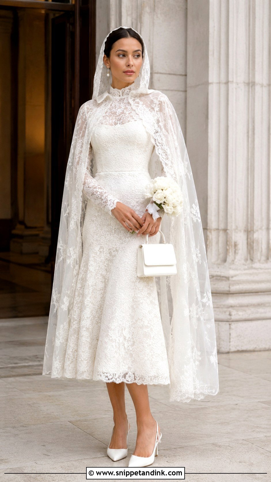 Lace Midi Wedding Dress With Cape - Snippet and Ink - 20 Lilly Collin’s Wedding Dress Ideas