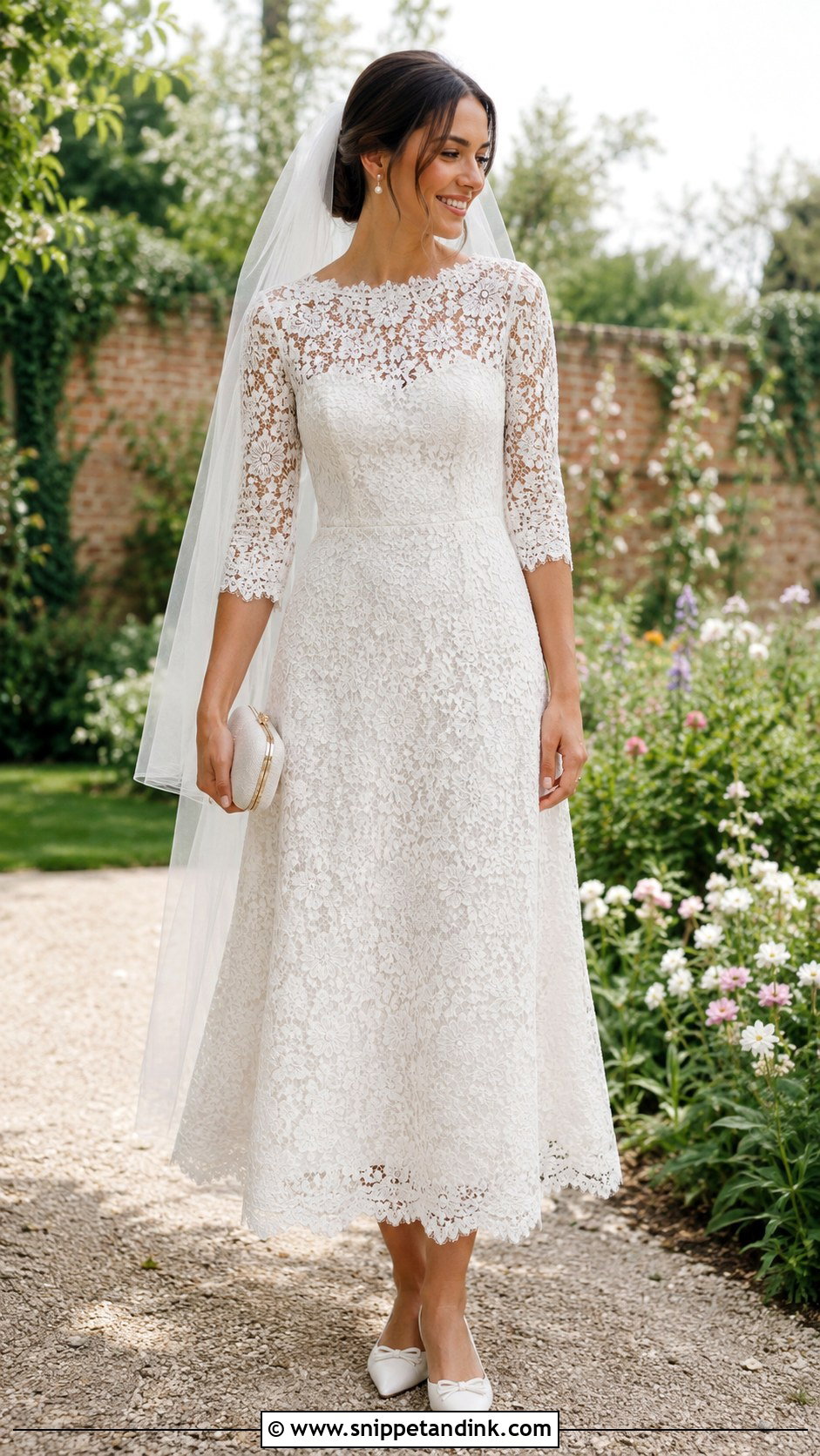 Lace Midi Wedding Dress With Pointed Flats - Snippet and Ink - 20 Casual Informal Wedding Dress Ideas
