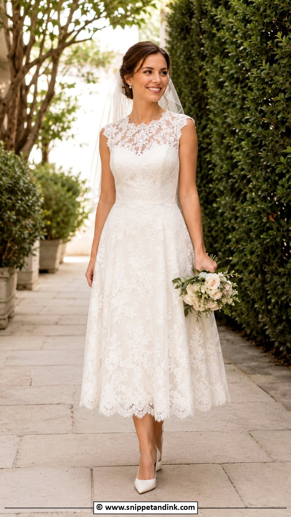 Lace Midi Wedding Dress With Pointed Pumps - Snippet and Ink - 30 Midi Wedding Dress Ideas