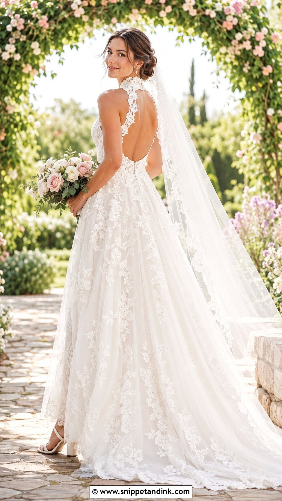 Lace Mock Neck Backless A Line Wedding Dress - Snippet and Ink - 20 High Neck Backless Wedding Dress Ideas