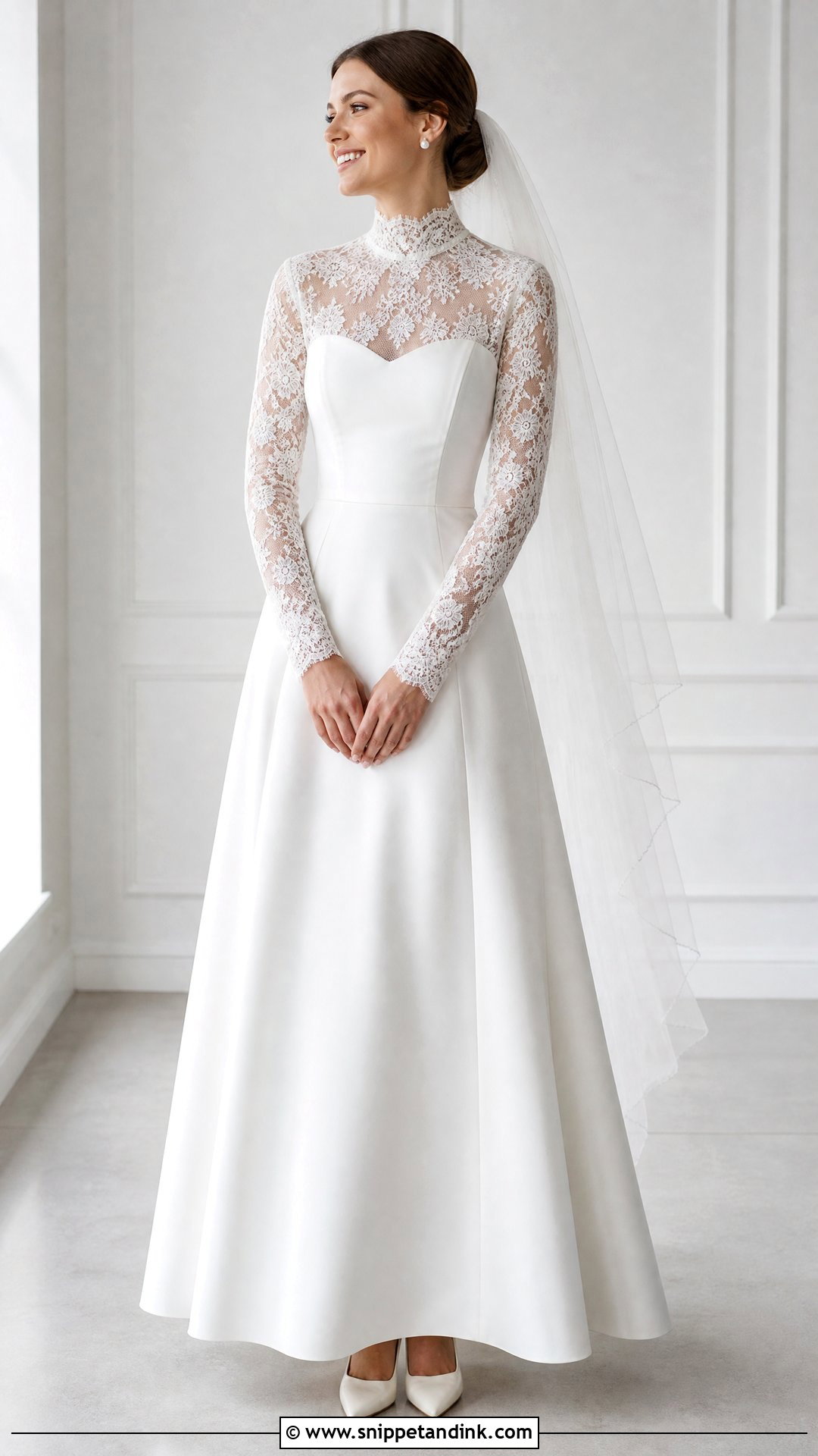 Lace Mock Neck Wedding Dress Topper With Satin Gown - Snippet and Ink - 20 Wedding Dress Topper Long Sleeve Ideas