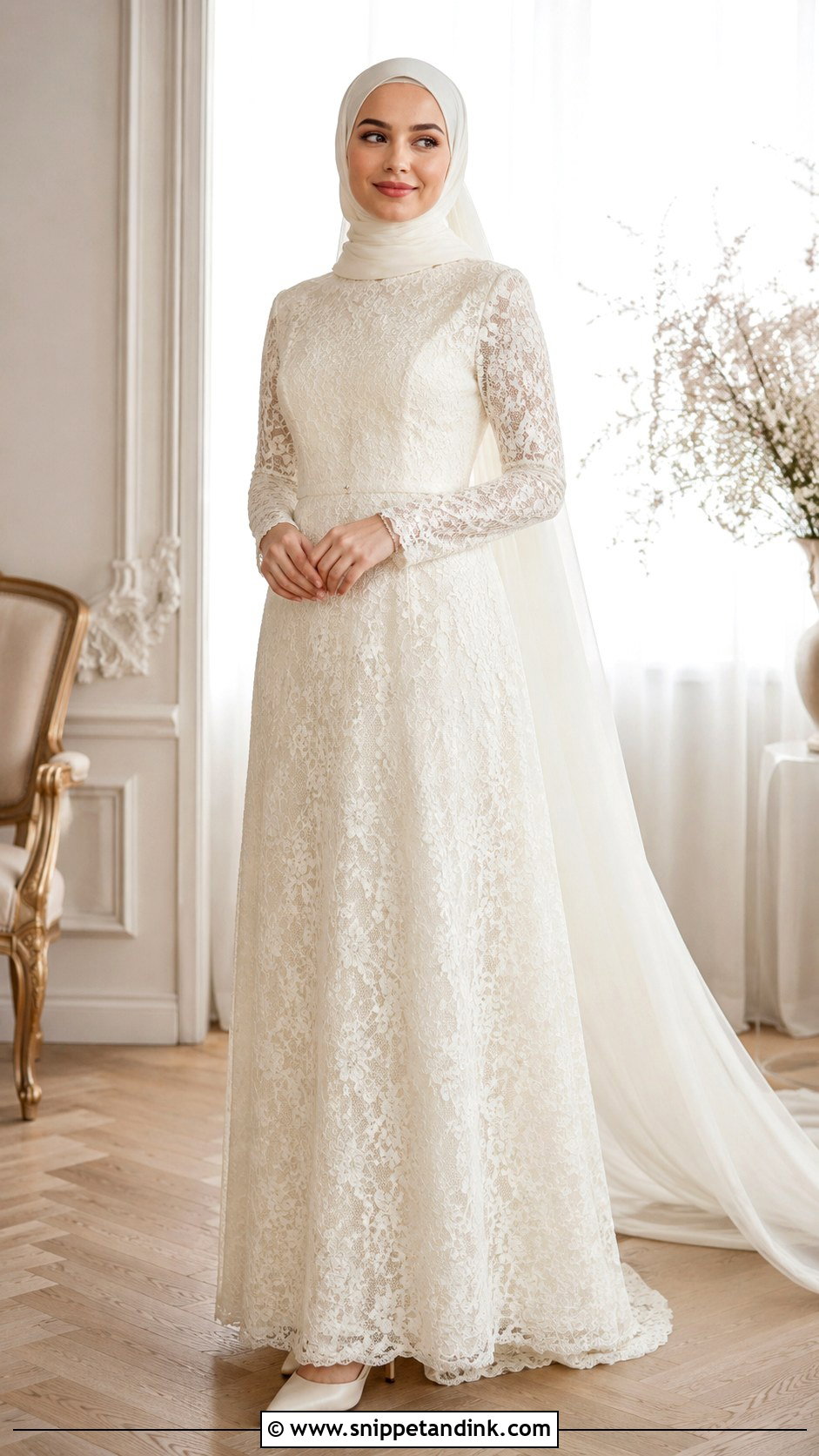 Lace Muslim Wedding Dress With Long Sleeves - Snippet and Ink - 25 Modern Muslim Wedding Dresses