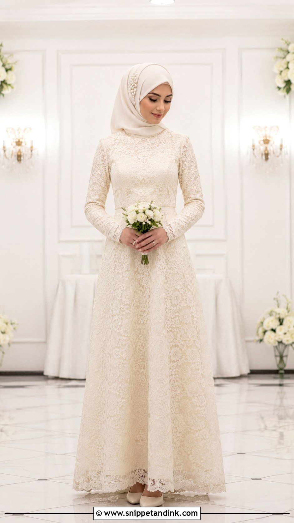 Lace Nikkah Gown With Hijab - Snippet and Ink - 30 Islamic Nikkah Outfit Ideas
