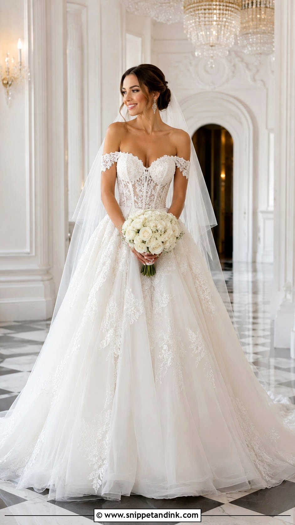 Lace Off Shoulder Ball Gown Wedding Dress - Snippet and Ink - 20 Lace Off Shoulder Wedding Dress Ideas