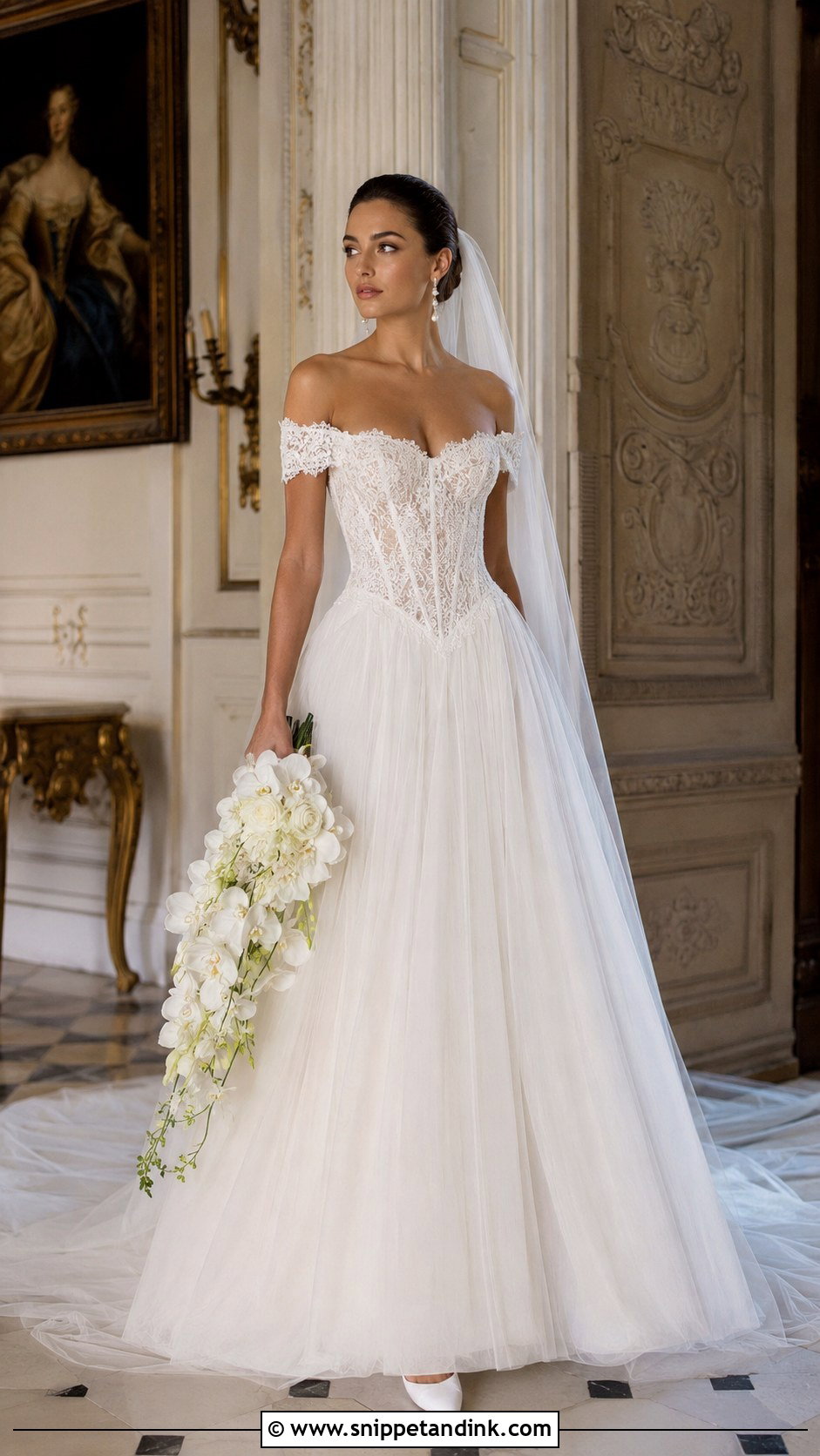 Lace Off Shoulder Basque Waist Wedding Dress - Snippet and Ink - 20 Lace Off Shoulder Wedding Dress Ideas