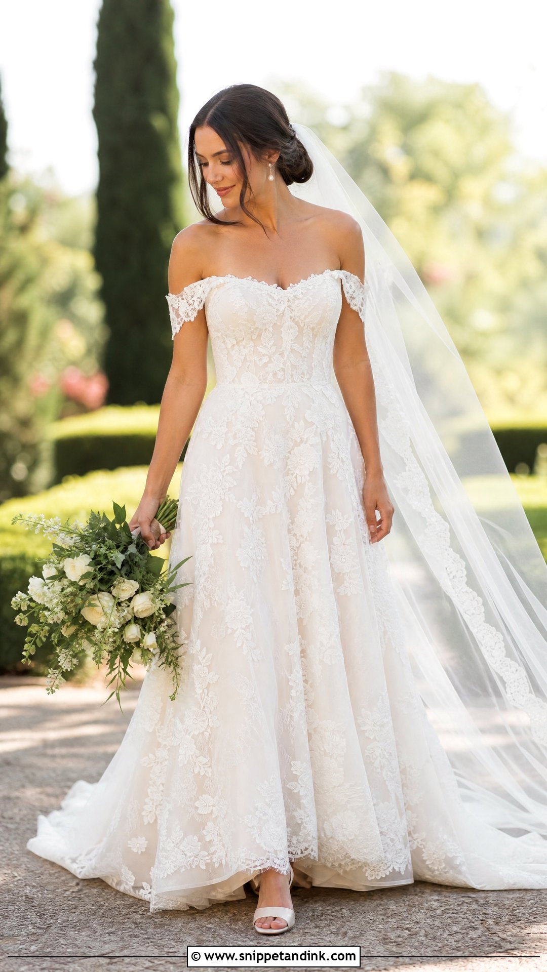 Lace Off Shoulder Bridal A Line Gown - Snippet and Ink - 20 Off Shoulder Bridal Gown Ideas