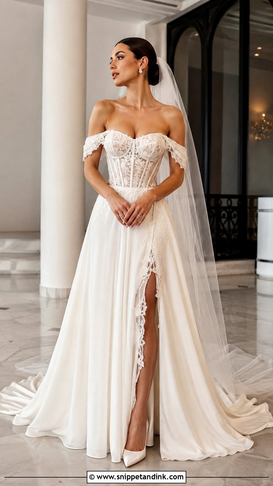 Lace Off Shoulder Corset Wedding Dress - Snippet and Ink - 20 Lace Off Shoulder Wedding Dress Ideas