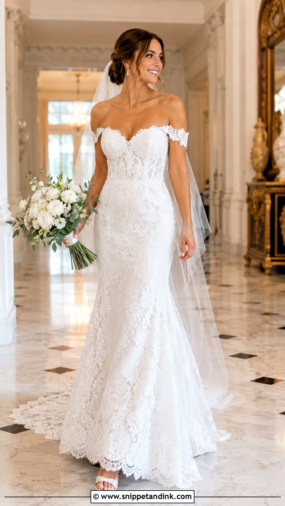 Lace Off Shoulder Fit And Flare Wedding Dress - Snippet and Ink - 20 Lace Off Shoulder Wedding Dress Ideas