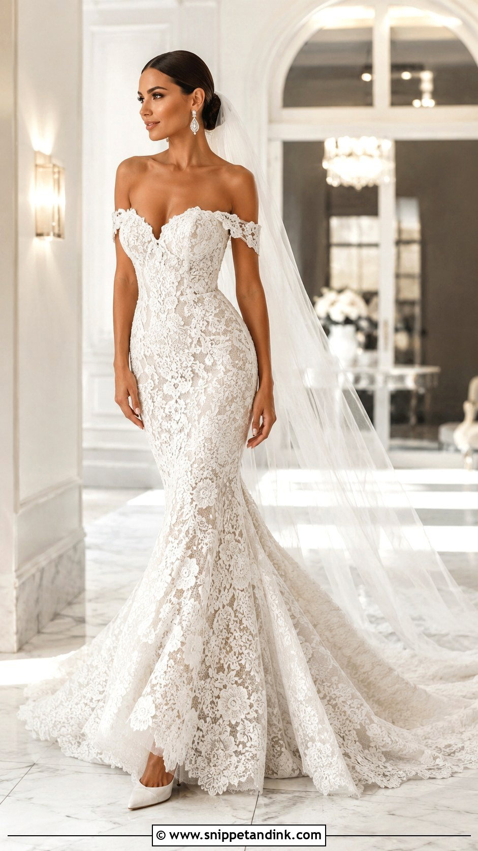 Lace Off Shoulder Mermaid Wedding Dress - Snippet and Ink - 20 Lace Off Shoulder Wedding Dress Ideas