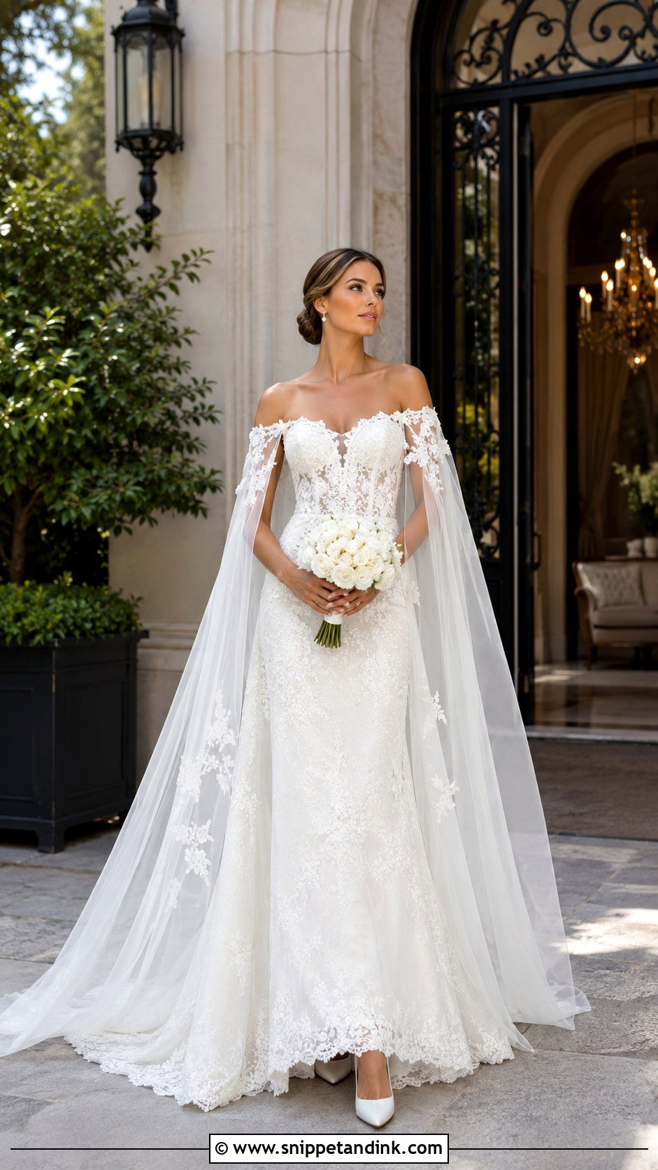 Lace Off Shoulder Wedding Dress With Cape - Snippet and Ink - 20 Lace Off Shoulder Wedding Dress Ideas