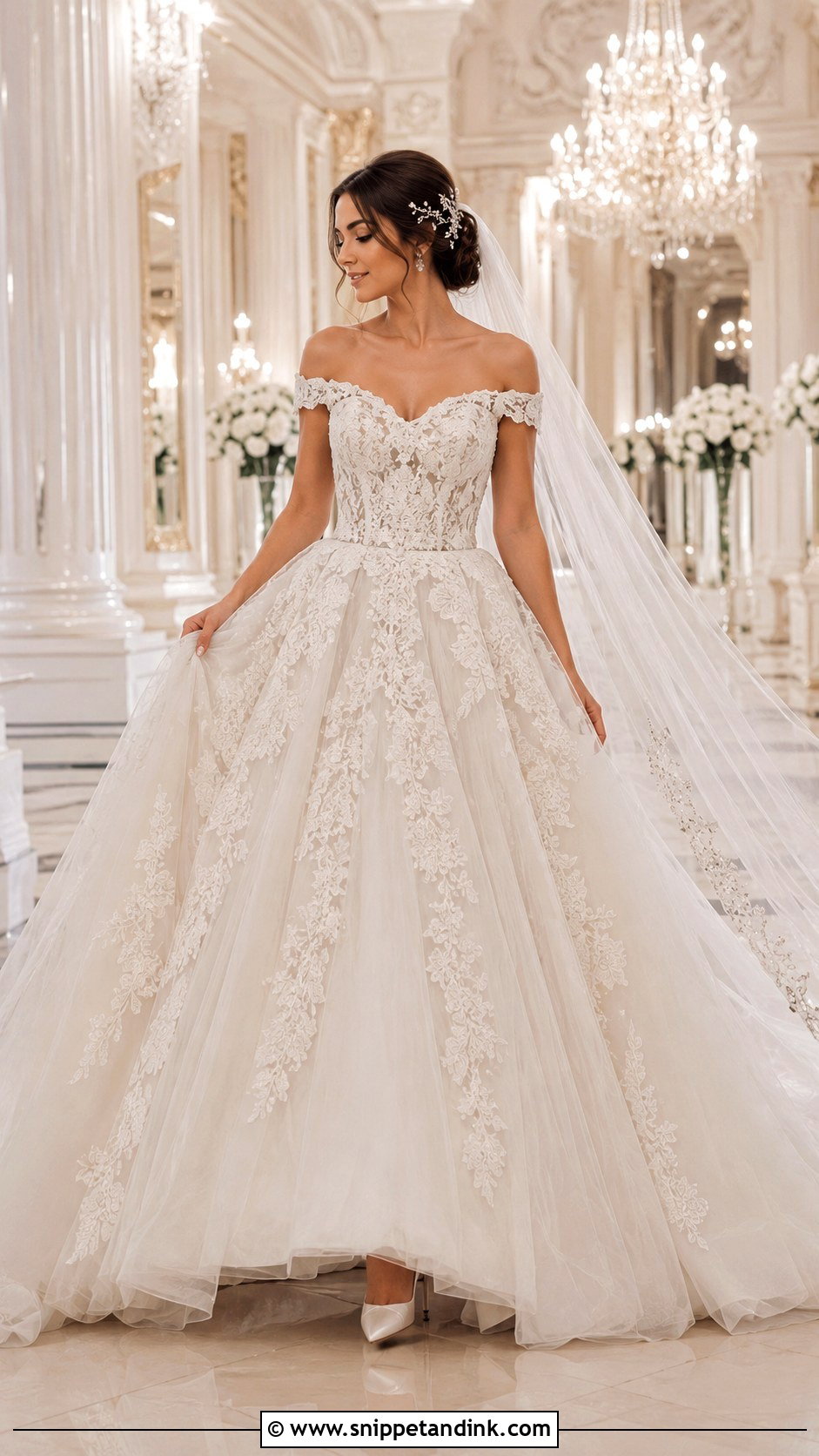 Lace Off The Shoulder Ball Gown Wedding Dress - Snippet and Ink - 25 Lace Off the Shoulder Wedding Dress Ideas