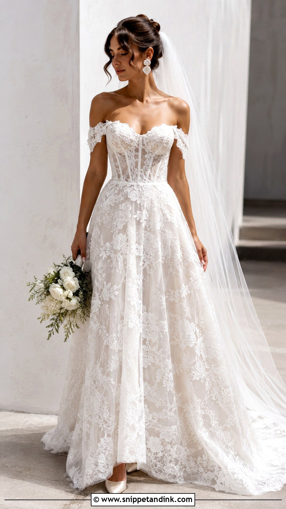 Lace Off The Shoulder Corset Wedding Dress - Snippet and Ink - 25 Lace Off the Shoulder Wedding Dress Ideas