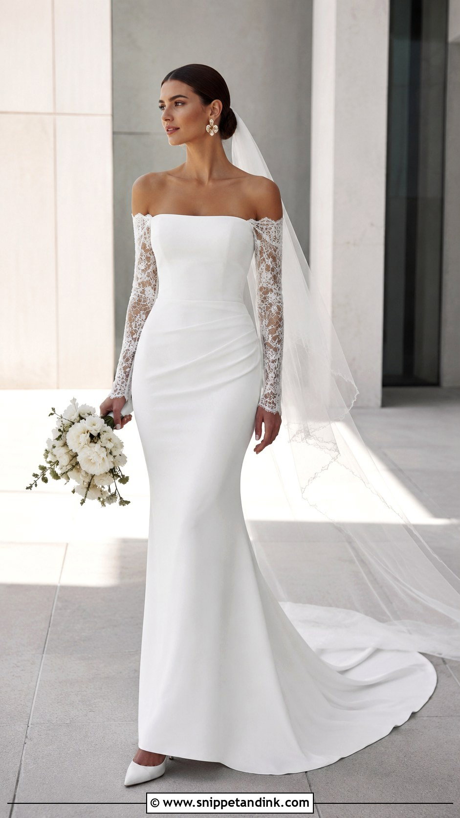 Lace Off The Shoulder Crepe Wedding Dress - Snippet and Ink - 25 Lace Off the Shoulder Wedding Dress Ideas