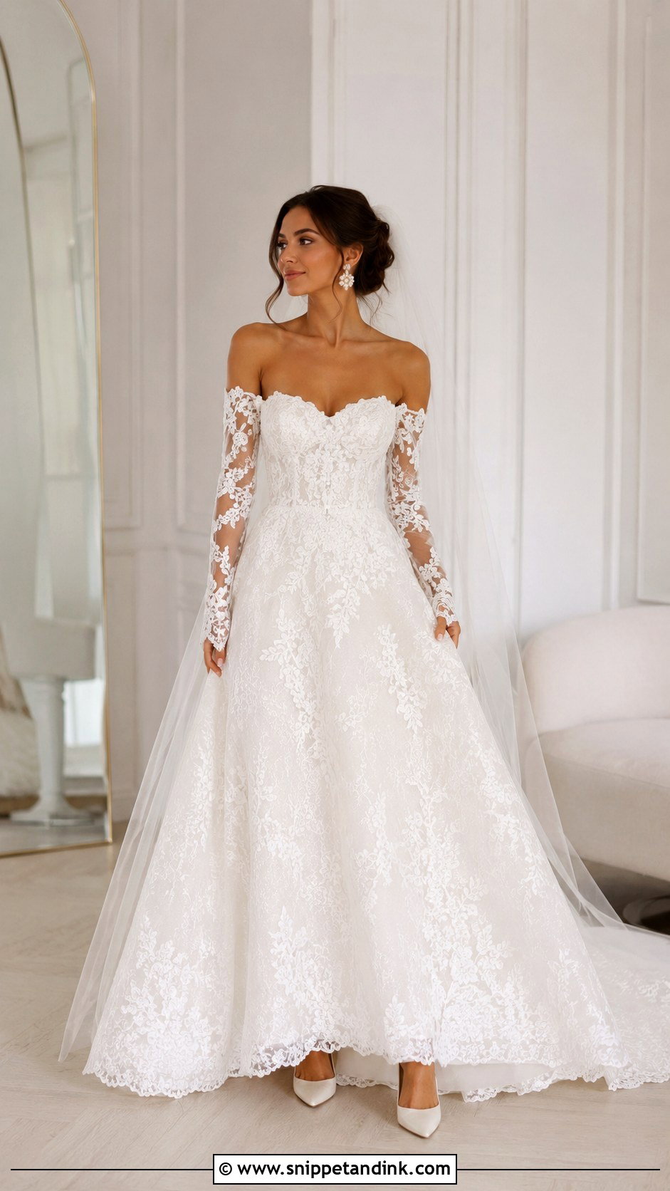 Lace Off The Shoulder Detachable Sleeve Wedding Dress - Snippet and Ink - 25 Lace Off the Shoulder Wedding Dress Ideas