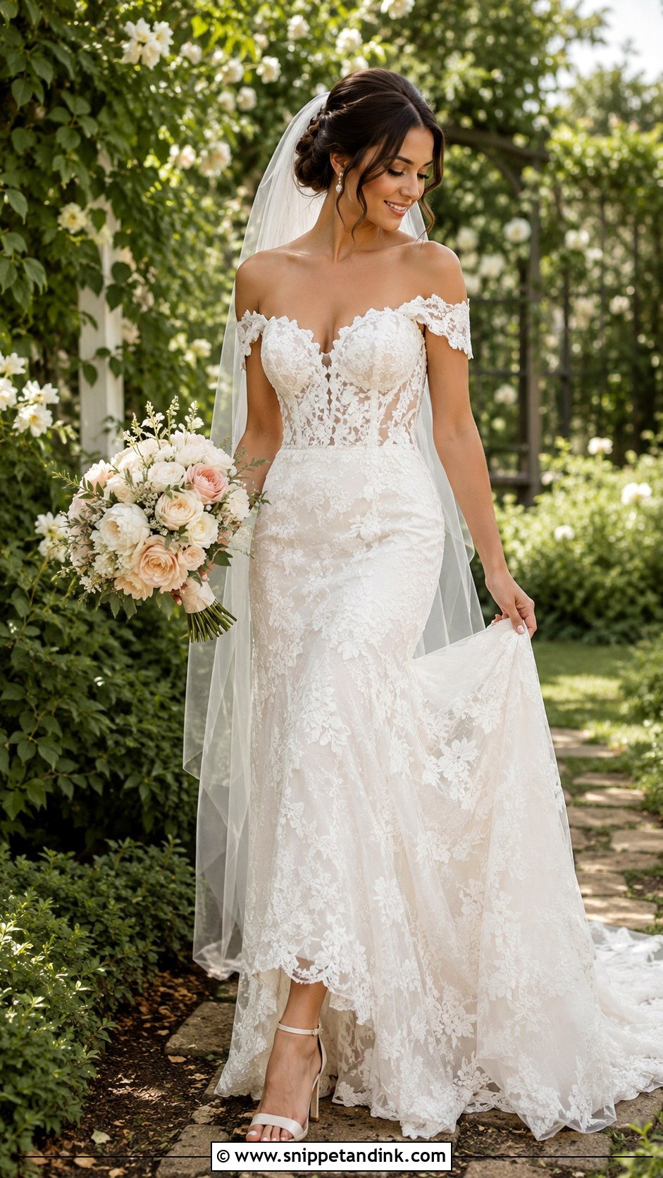 Lace Off The Shoulder Floral Wedding Dress - Snippet and Ink - 25 Lace Off the Shoulder Wedding Dress Ideas