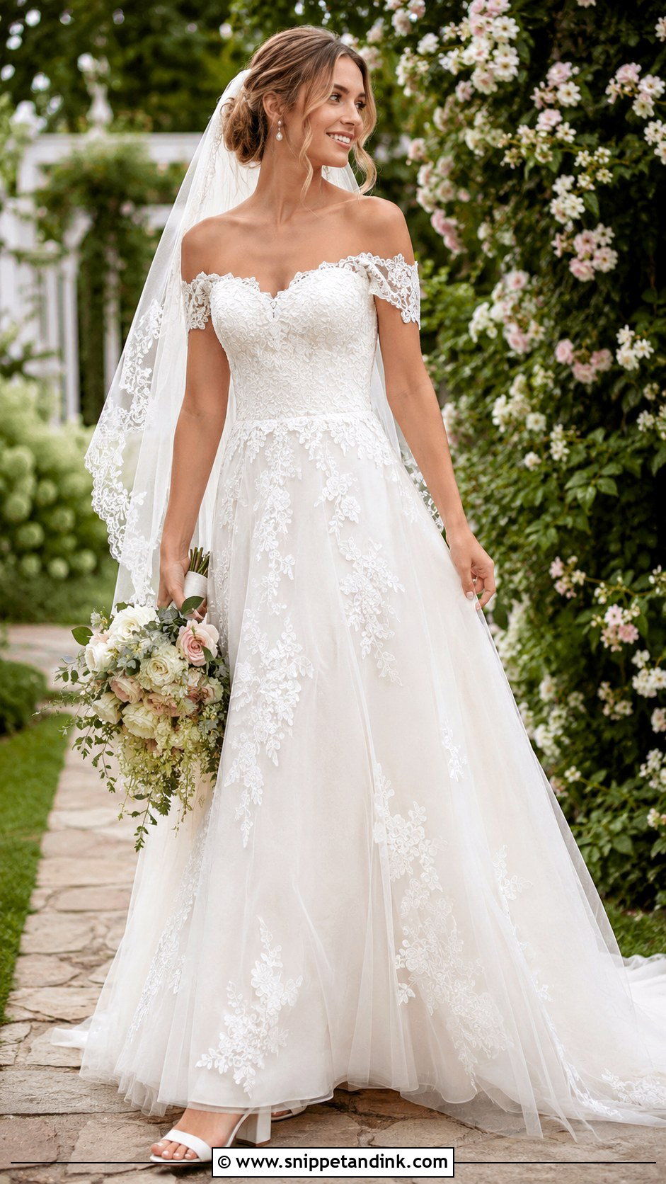 Lace Off The Shoulder Garden Wedding Dress - Snippet and Ink - 25 Lace Off the Shoulder Wedding Dress Ideas