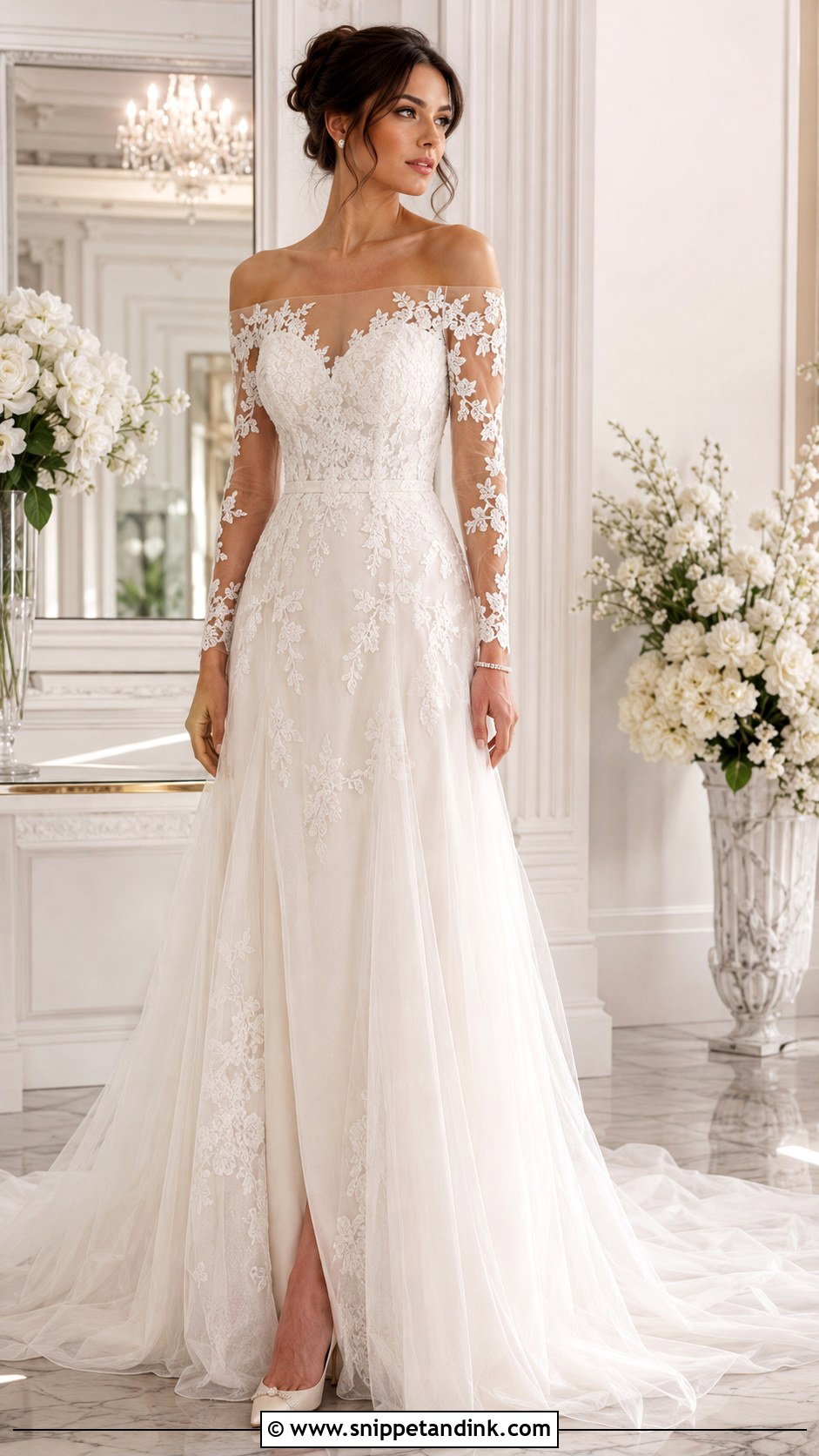Lace Off The Shoulder Illusion Sleeve Wedding Dress - Snippet and Ink - 25 Lace Off the Shoulder Wedding Dress Ideas