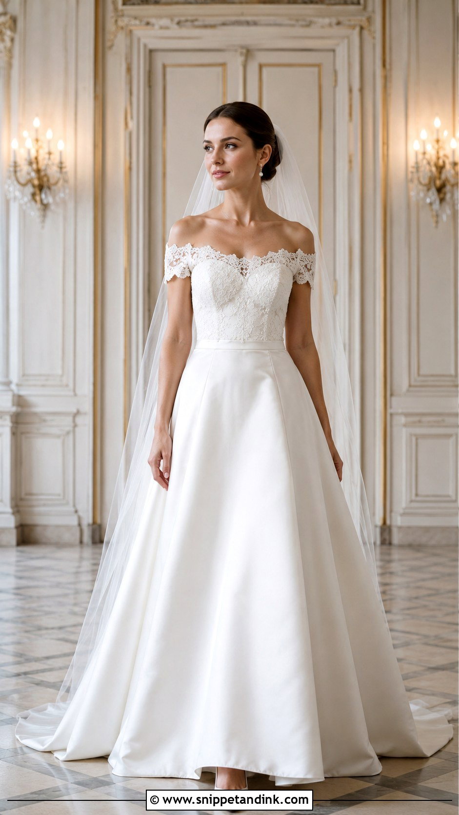 Lace Off The Shoulder Satin Wedding Dress - Snippet and Ink - 25 Lace Off the Shoulder Wedding Dress Ideas