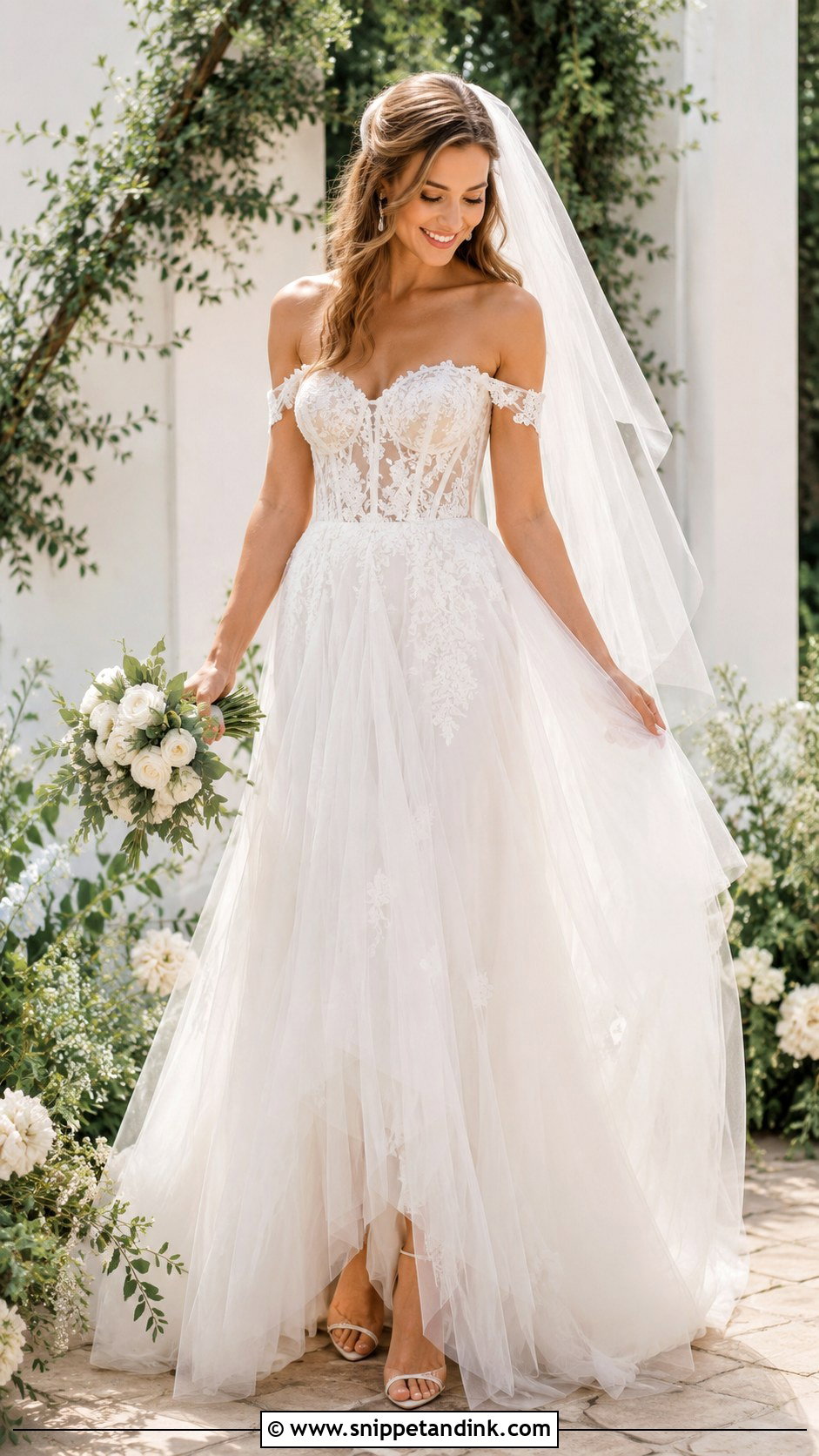 Lace Off The Shoulder Tulle Wedding Dress - Snippet and Ink - 25 Lace Off the Shoulder Wedding Dress Ideas
