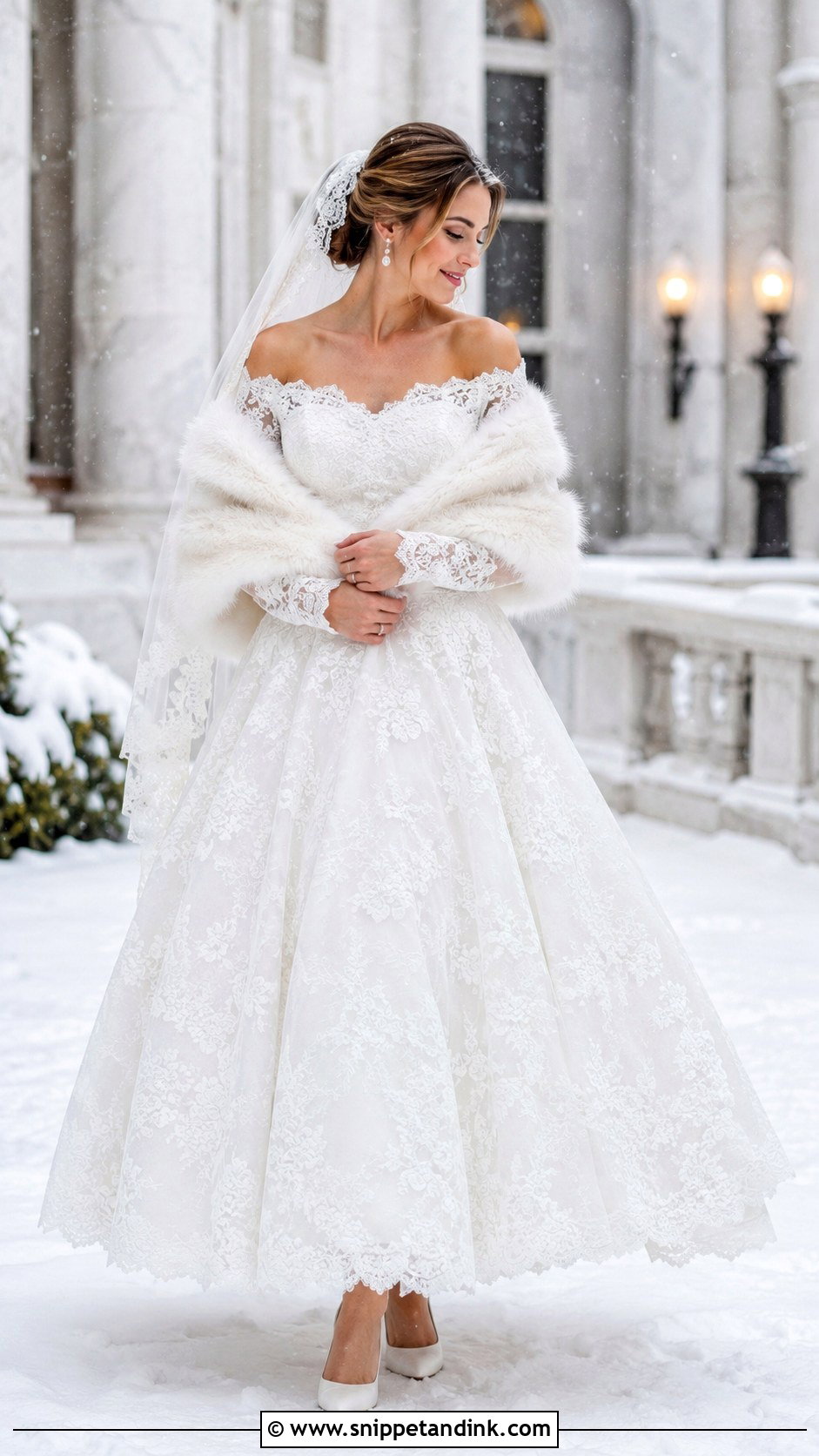 Lace Off The Shoulder Winter Wedding Dress - Snippet and Ink - 25 Lace Off the Shoulder Wedding Dress Ideas