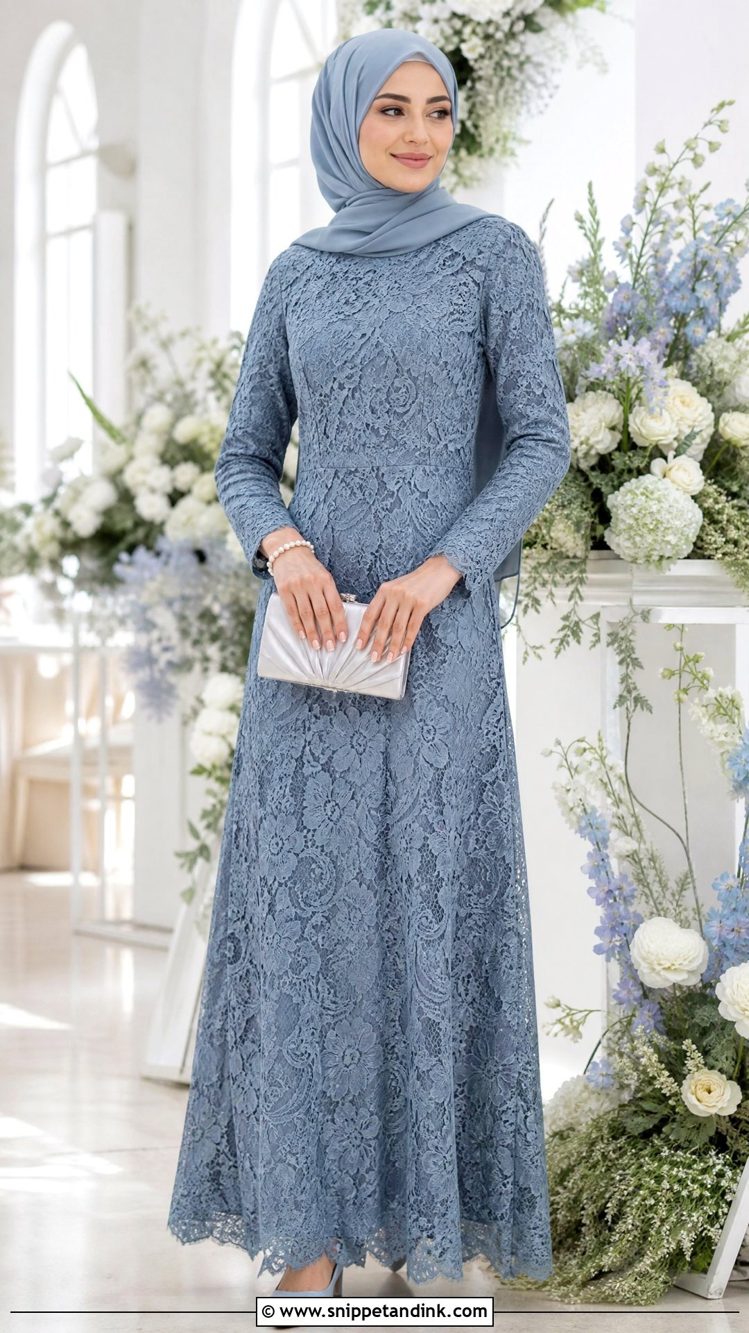Lace Overlay Maxi Dress With Hijab - Snippet and Ink - 20 Hijabi Wedding Outfit Ideas