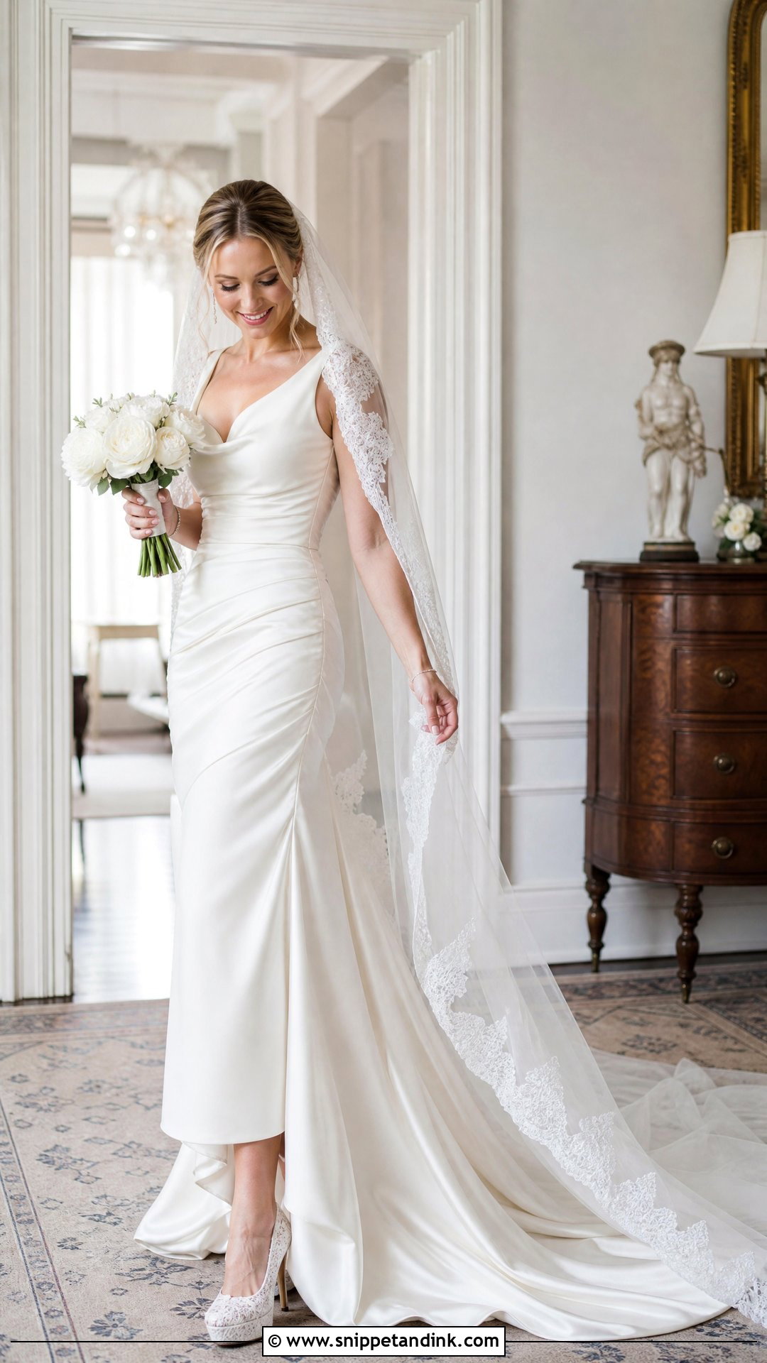 Lace Platform Wedding Heels With Satin Gown - Snippet and Ink - 20 Platform Wedding Heels Ideas